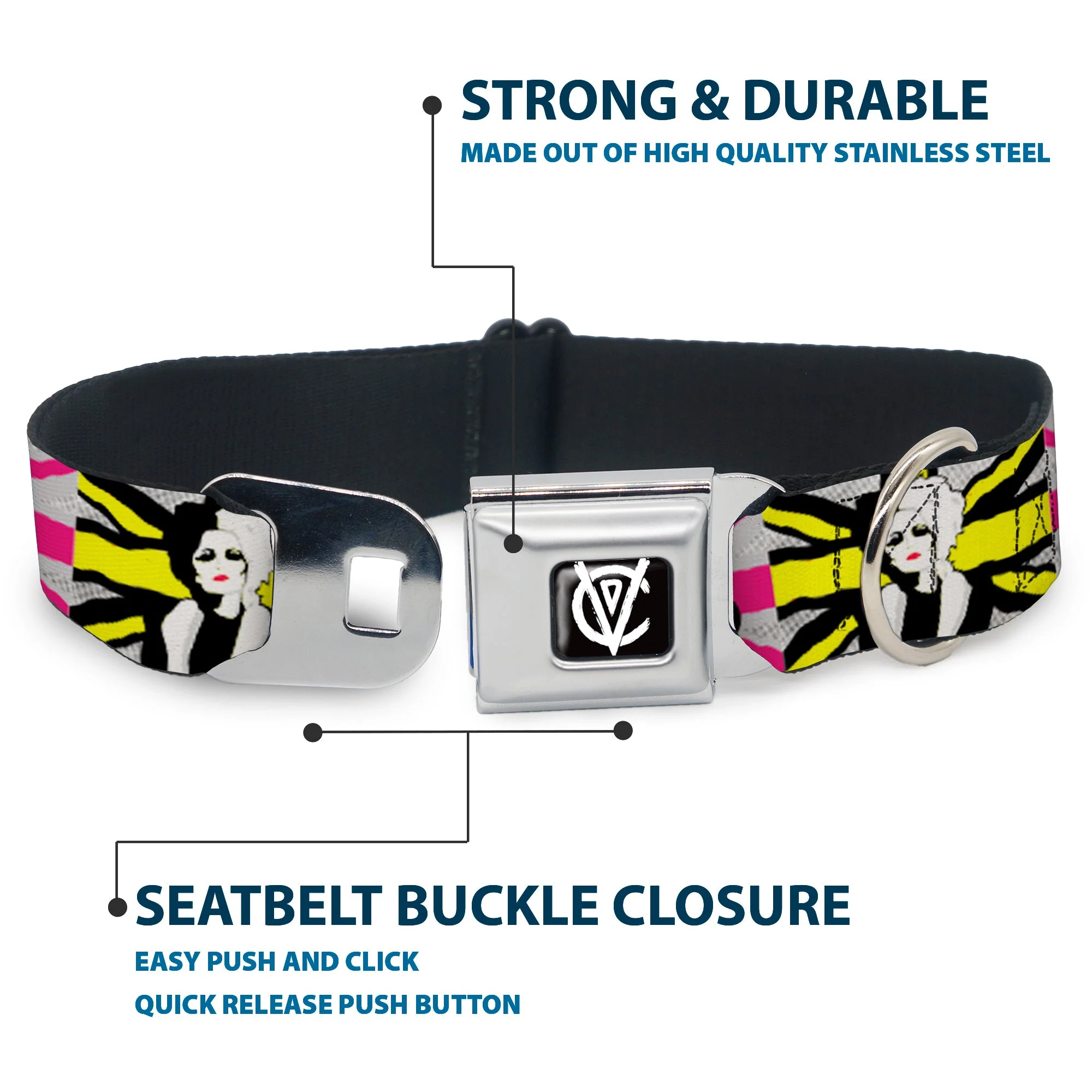 Cruella de Vil CDV Icon Black/White Seatbelt Buckle Collar - CRUELLA DE VIL Safety Pin/Cruell World Pose Union Jack Punk Rock Blocks - Image 4