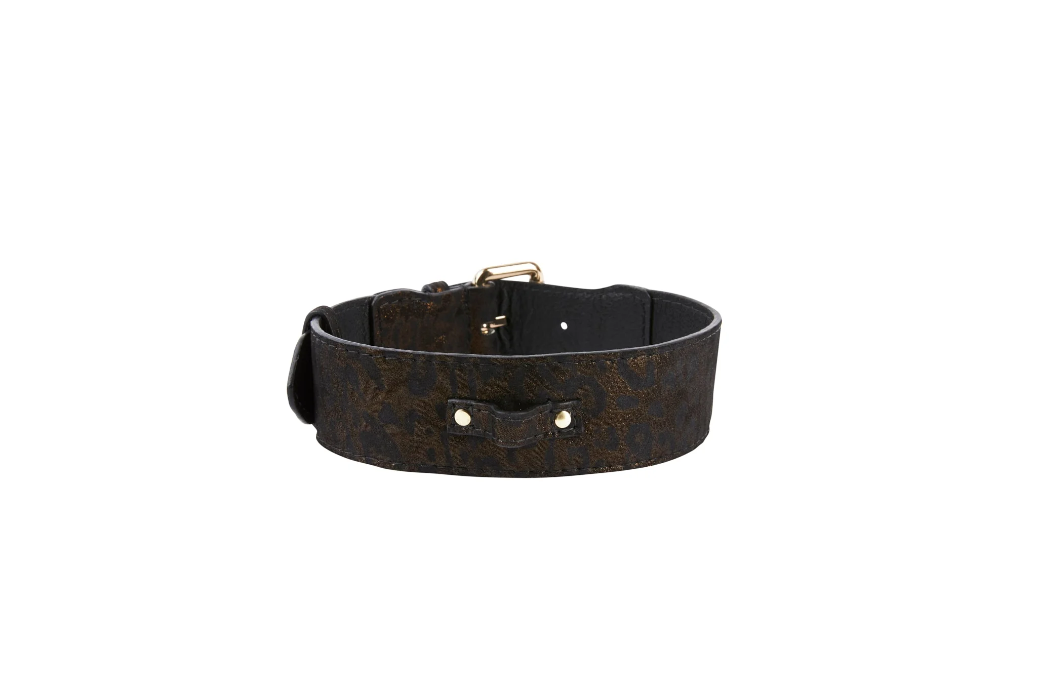Dark Brown/Bronze Abstract Leopard Print Italian Leather Collar With Classic Hardware - Image 2