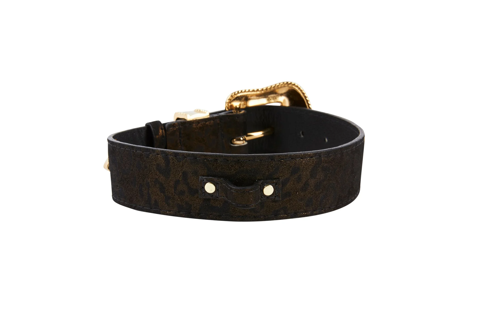 Dark Brown/Bronze Abstract Leopard Print Italian Leather Collar With Swarovski Crystal Hardware - Image 3