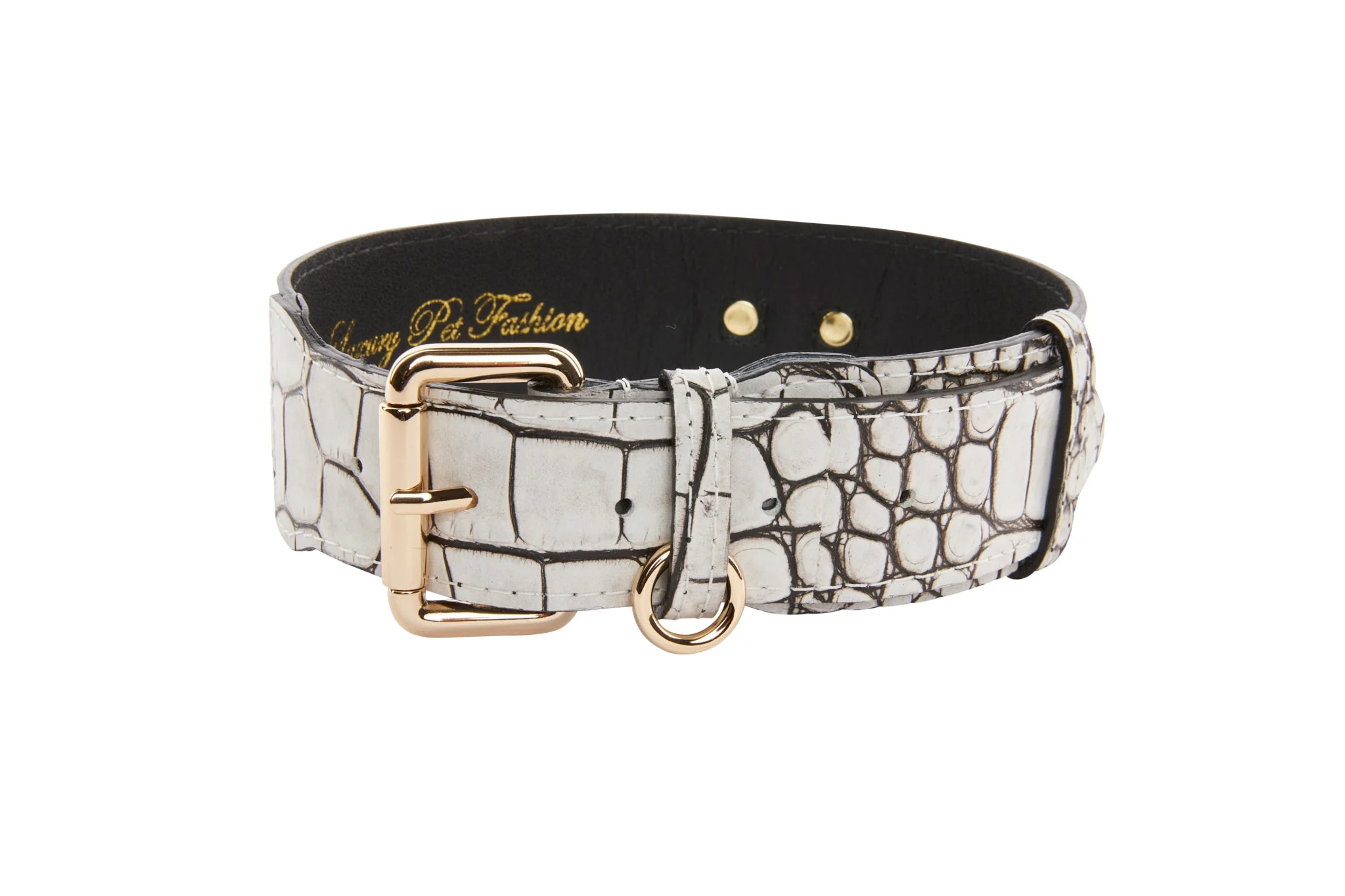 Dark Brown/Off White Embossed Croc Italian Leather Classic Collar With Gold Classic Hardware - Image 2