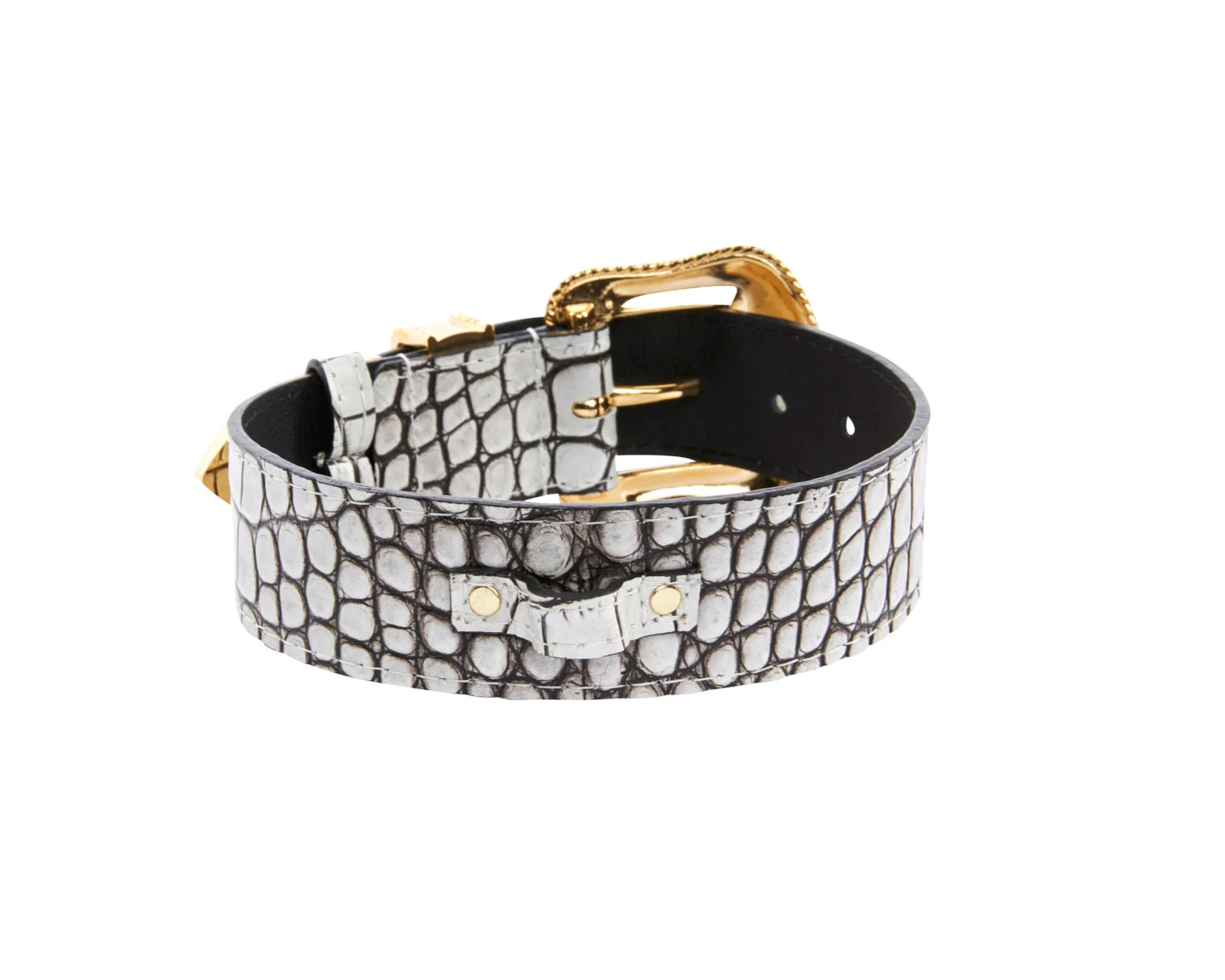Dark Brown/Off White Embossed Croc Italian Leather Collar With Gold Swarovski Hardware - Image 2
