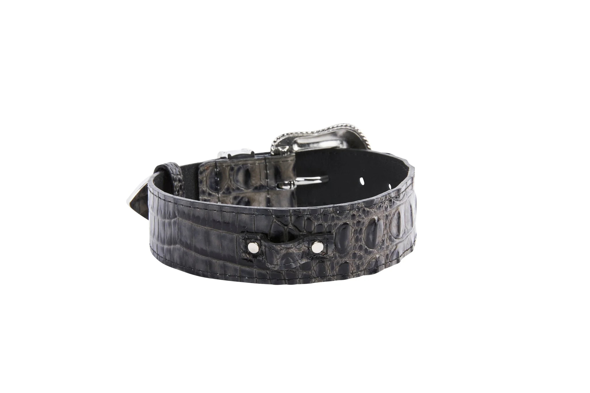 Dark Grey/Light Grey Embossed Croc Italian Leather Silver Swarovski Crystal Collar - Image 3