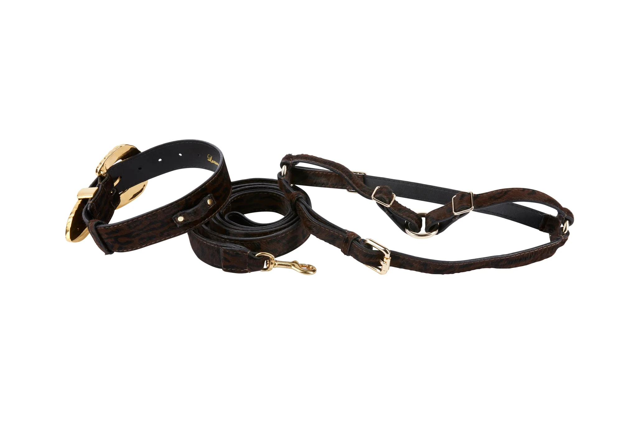 Dark Leopard Hair On Hide Italian Leather, Ornate Italian Swarovski Crystal Hardware Collar, Leash, Harness Set - Image 2