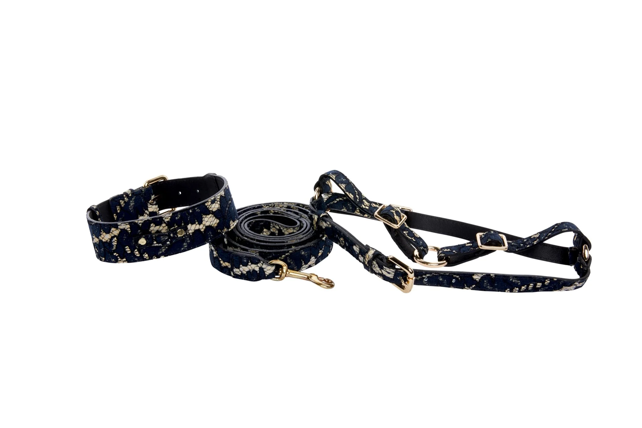 Dark Navy Lace On Gold Italian Leather Classic Collar, Leash & Harness Set - Image 2