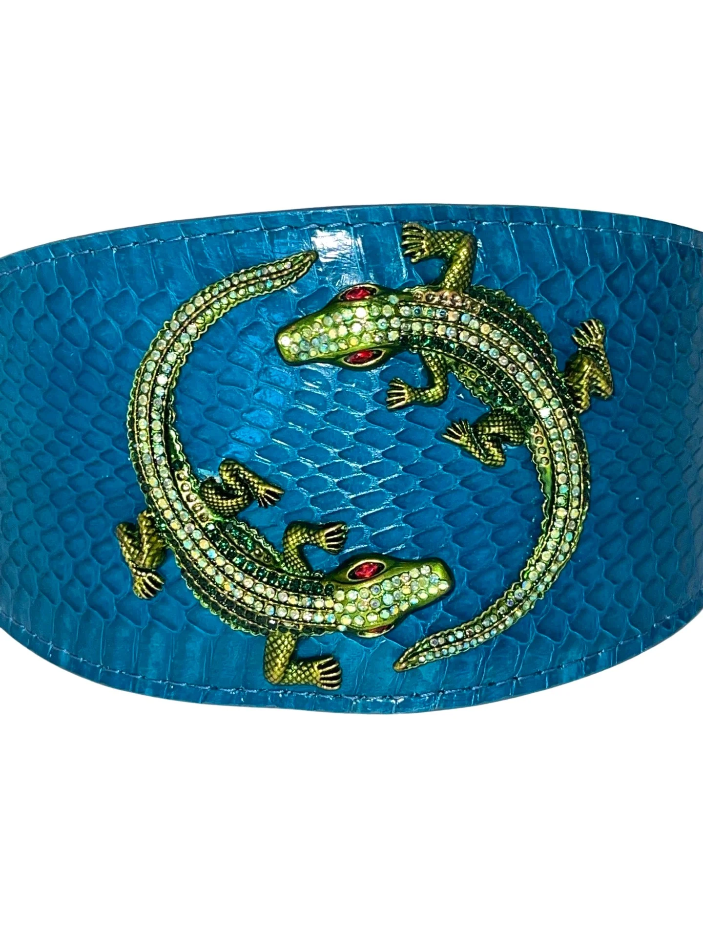 Dark Turquoise 3” Wide Style Snake Collar With Green Rhinestone Alligators - Image 2