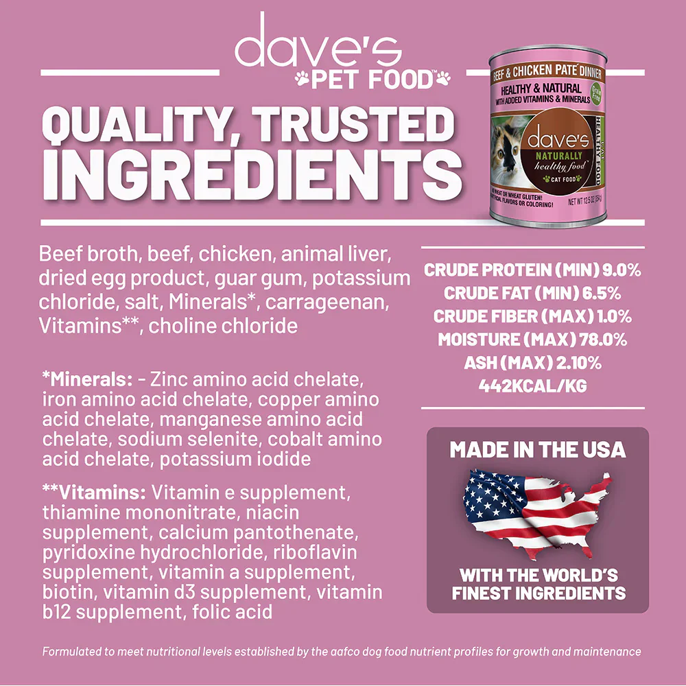 Daves Naturally Healthy Beef & Chicken Dinner Paté Wet Cat Food (12.5oz) - Image 4