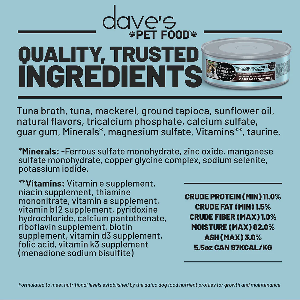 Daves Naturally Healthy Grain Free Grilled Tuna & Mackerel Dinner In Gravy Wet Cat Food (5.5oz) - Image 3