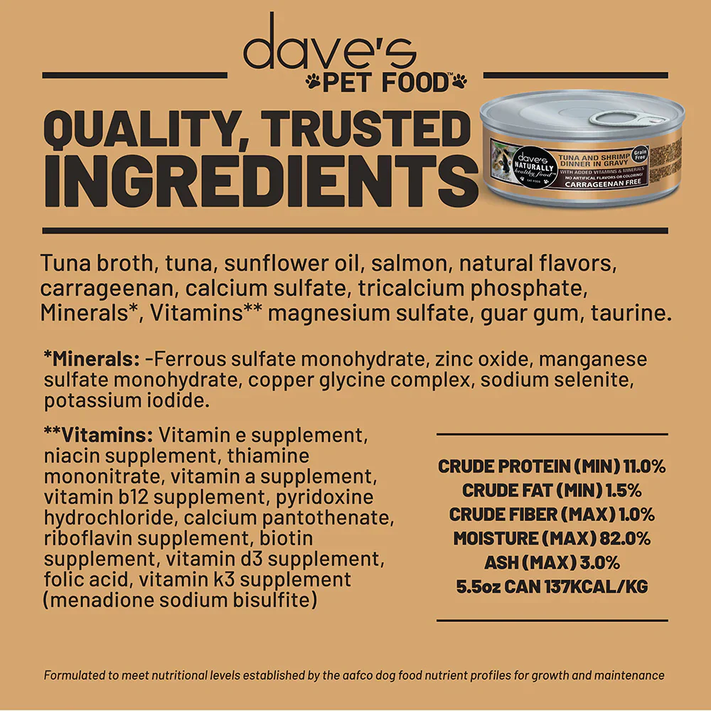 Daves Naturally Healthy Grain Free Tuna & Shrimp Dinner in Gravy Wet Cat Food (5.5oz) - Image 3