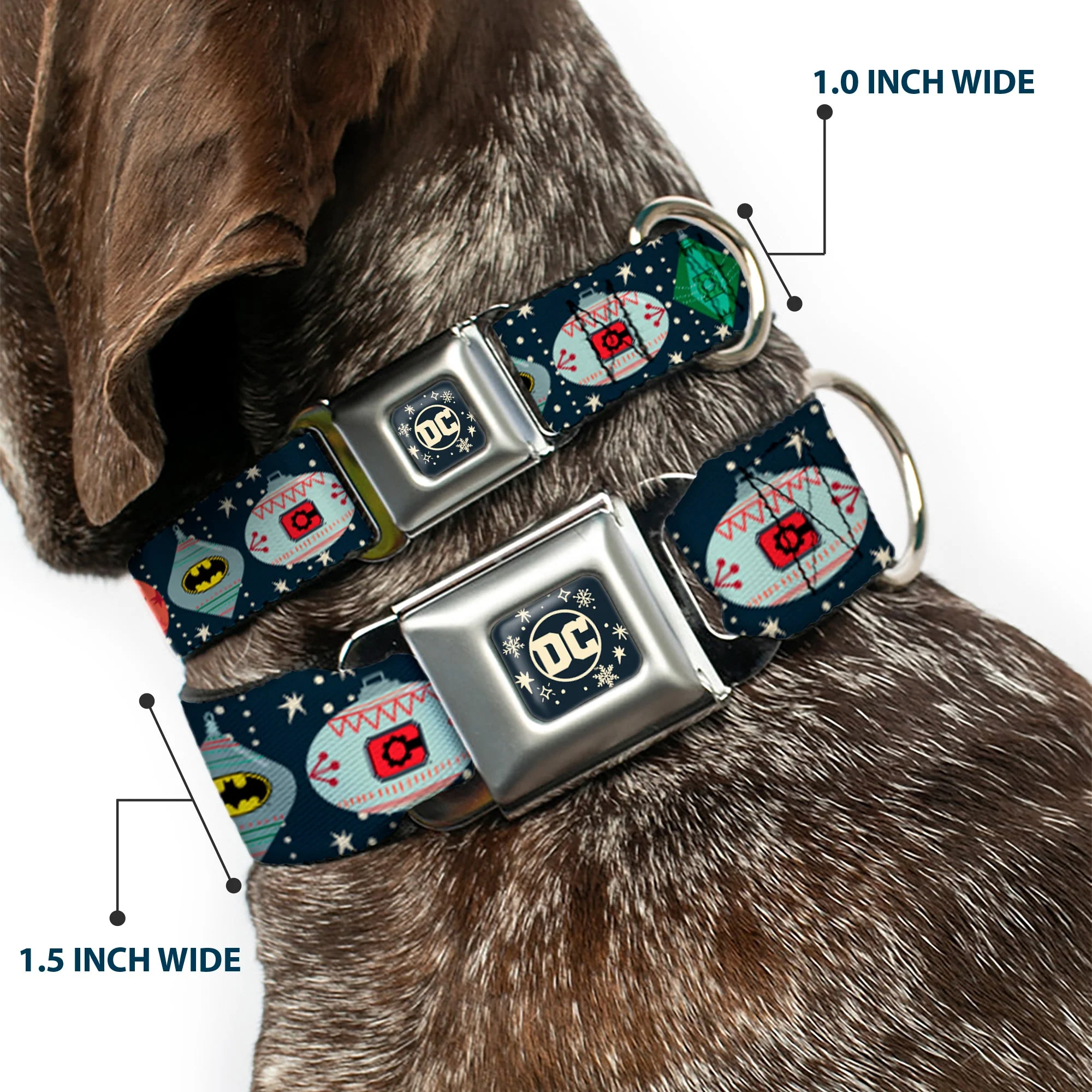 DC Comics Holiday Logo Full Color Black/White Seatbelt Buckle Collar - DC Comics Justice League Holiday Ornament Icons and Stars - Image 2