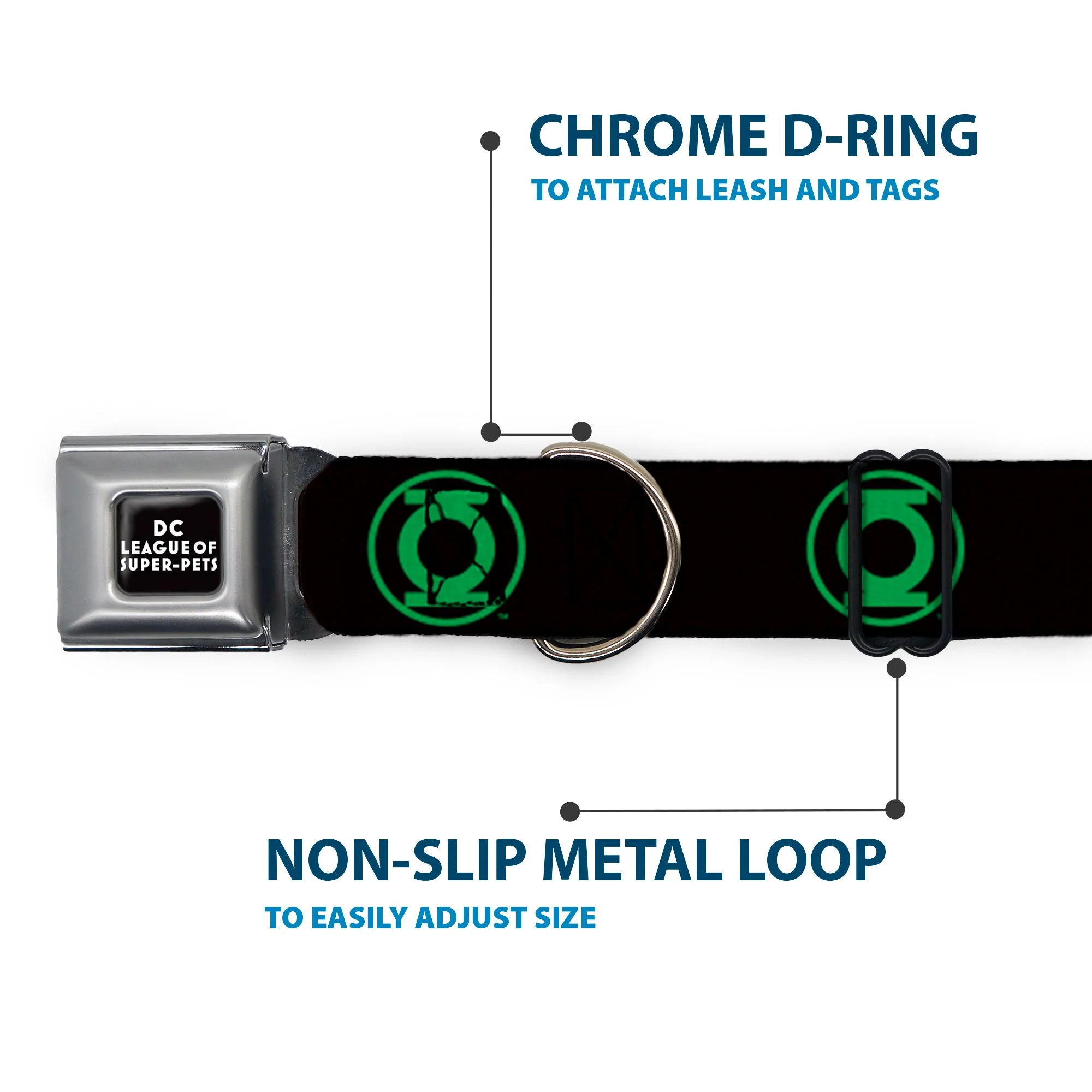 DC LEAGUE OF SUPER-PETS Logo Full Color Black/White Seatbelt Buckle Collar - DC League of Super-Pets Green Lantern Logo Black/Green - Image 5