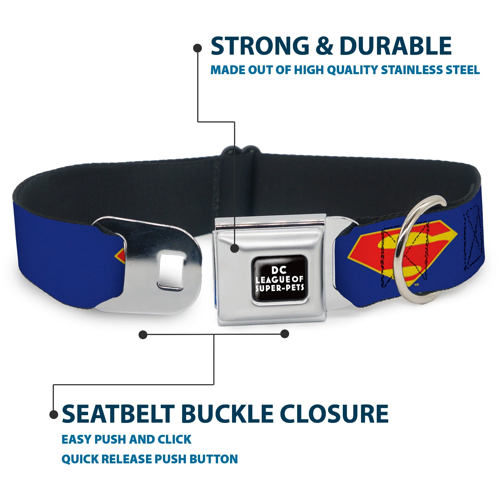 DC LEAGUE OF SUPER-PETS Logo Full Color Black/White Seatbelt Buckle Collar - DC League of Super-Pets Superman Shield Logo Blue/Red/Yellow - Image 4