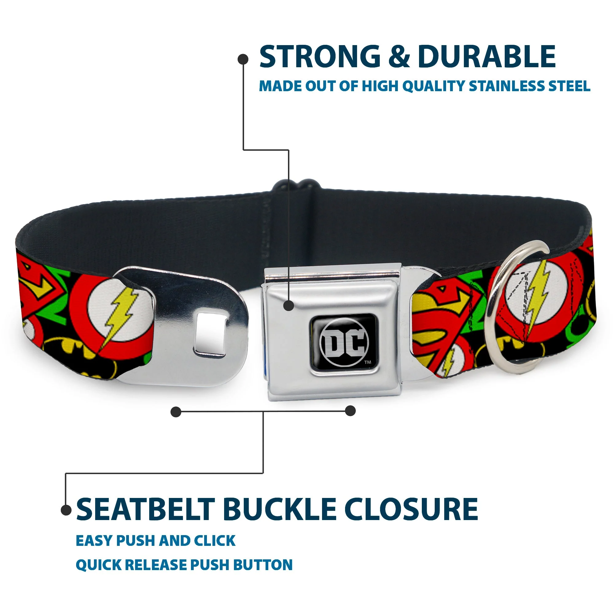 DC Round Logo Black/Silver Seatbelt Buckle Collar - Justice League Stacked Logos - Image 4