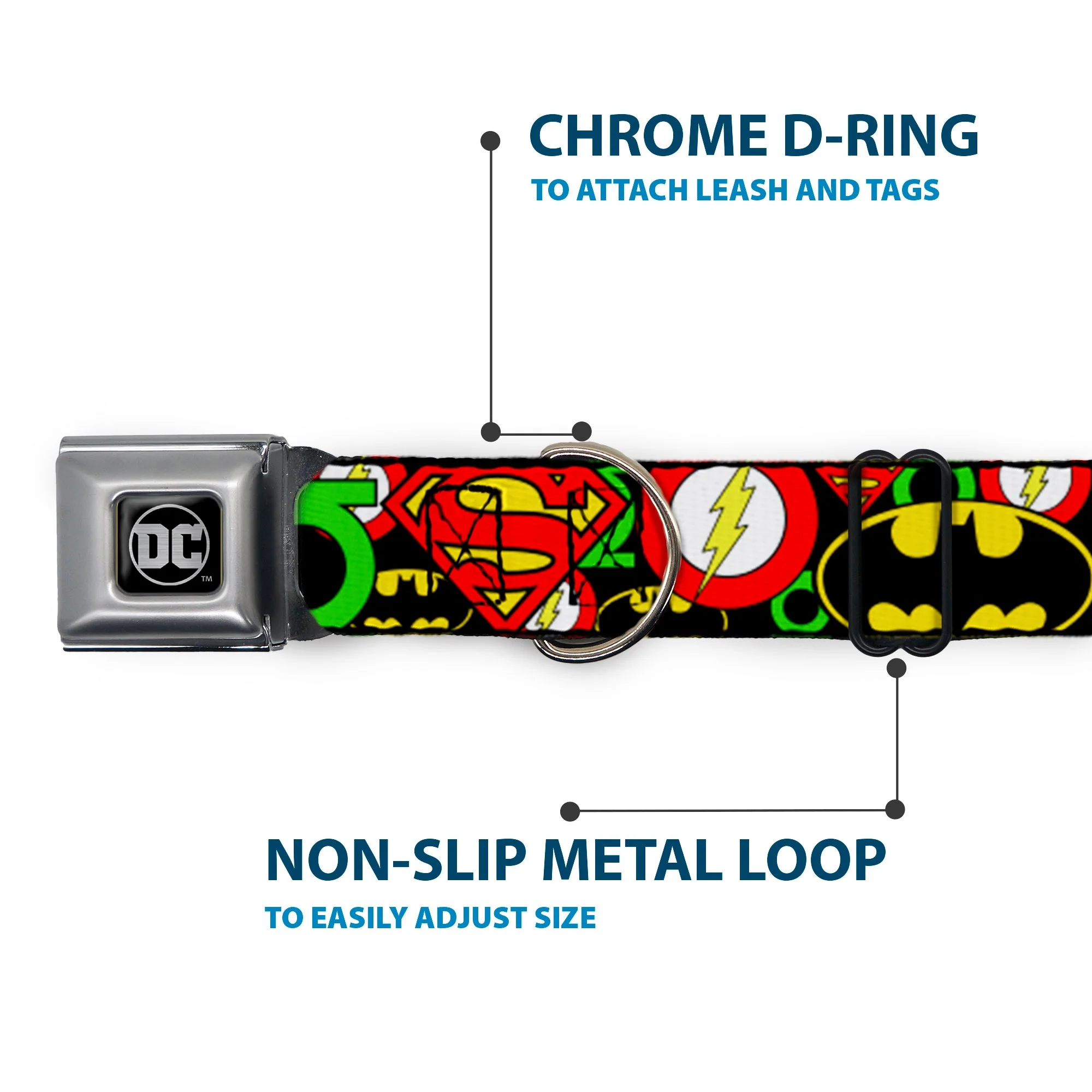 DC Round Logo Black/Silver Seatbelt Buckle Collar - Justice League Stacked Logos - Image 5