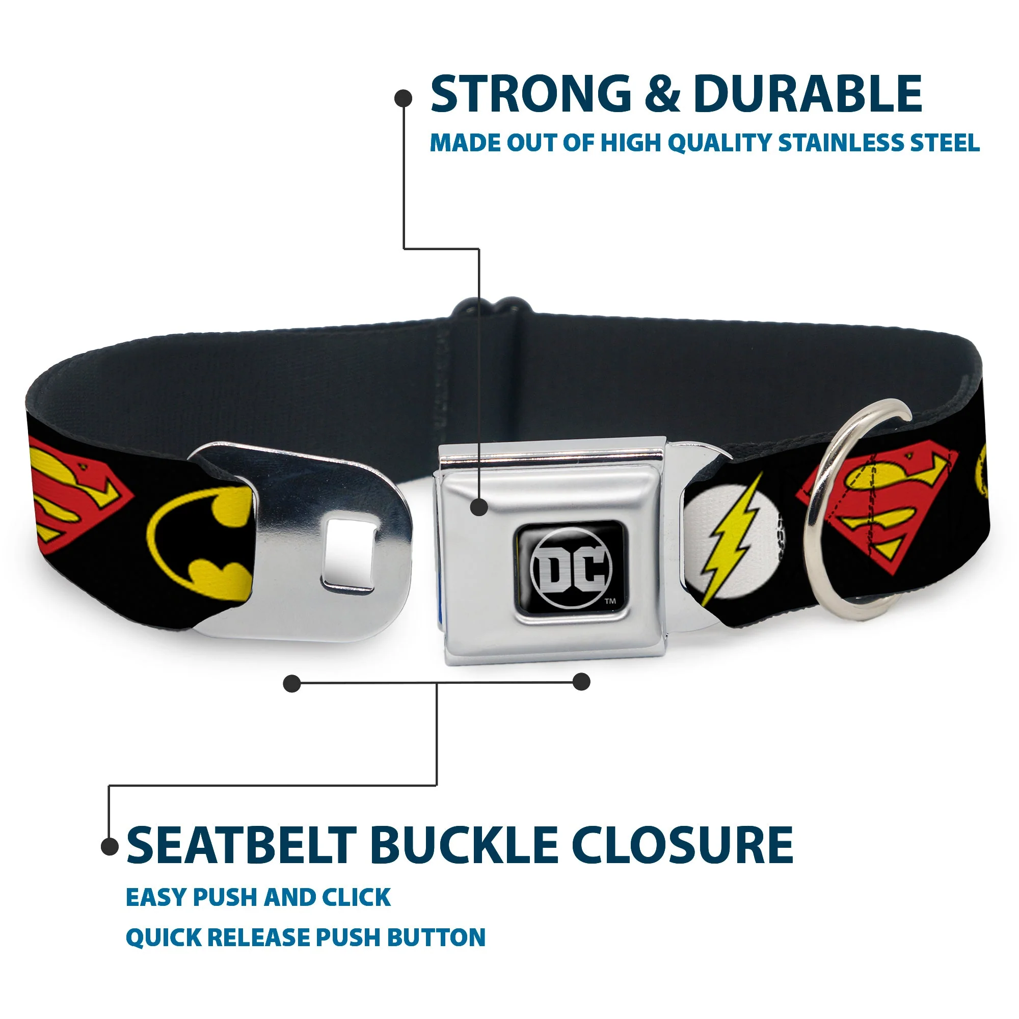 DC Round Logo Black/Silver Seatbelt Buckle Collar - Justice League Superhero Logos - Image 4