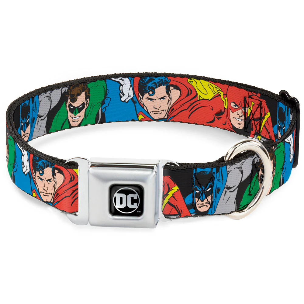 DC Round Logo Black/Silver Seatbelt Buckle Collar - Justice League Superheroes CLOSE-UP New