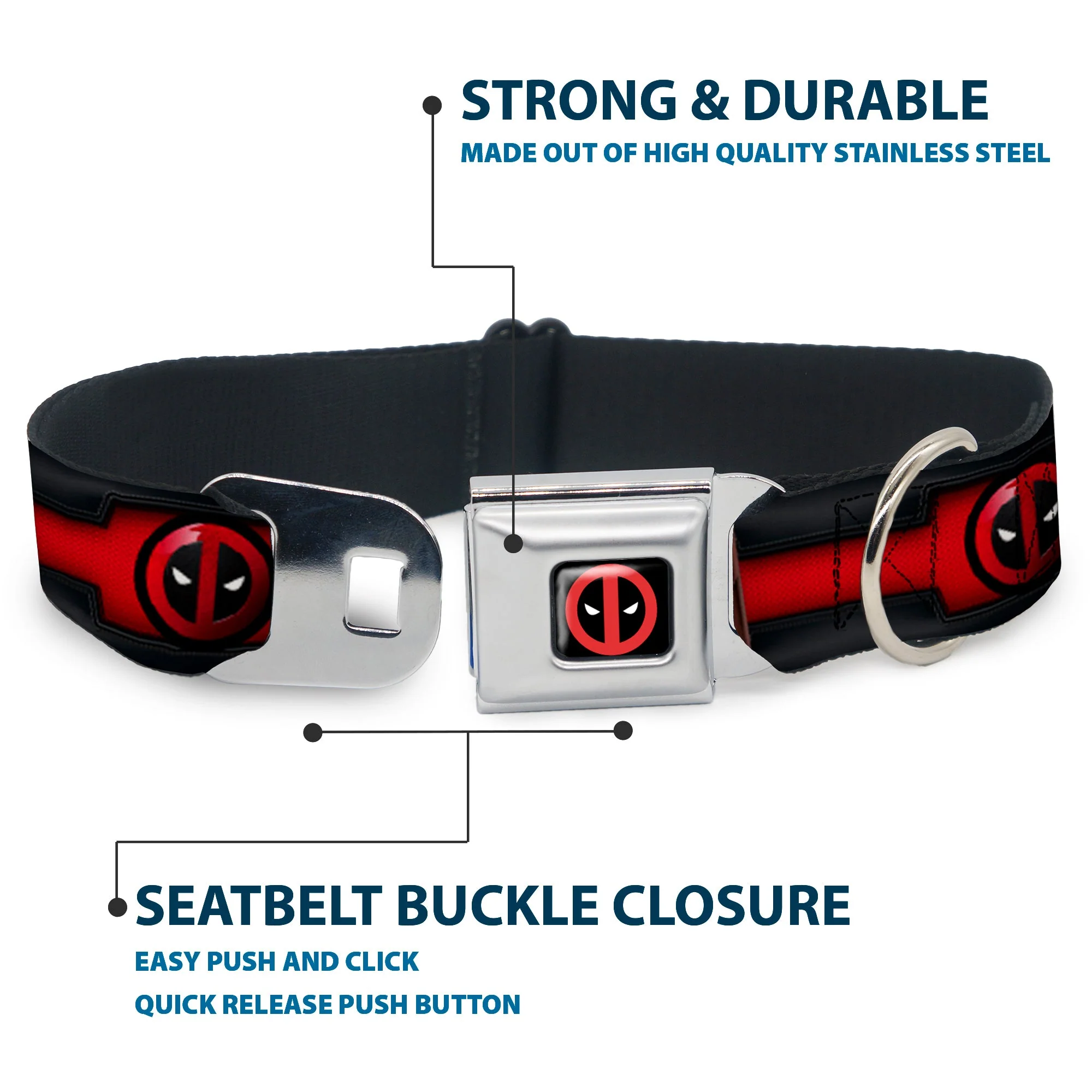 Deadpool Logo CLOSE-UP Black/Red/White Seatbelt Buckle Collar - Deadpool Utility Belt Logo/Pockets Black/Reds/Browns - Image 4