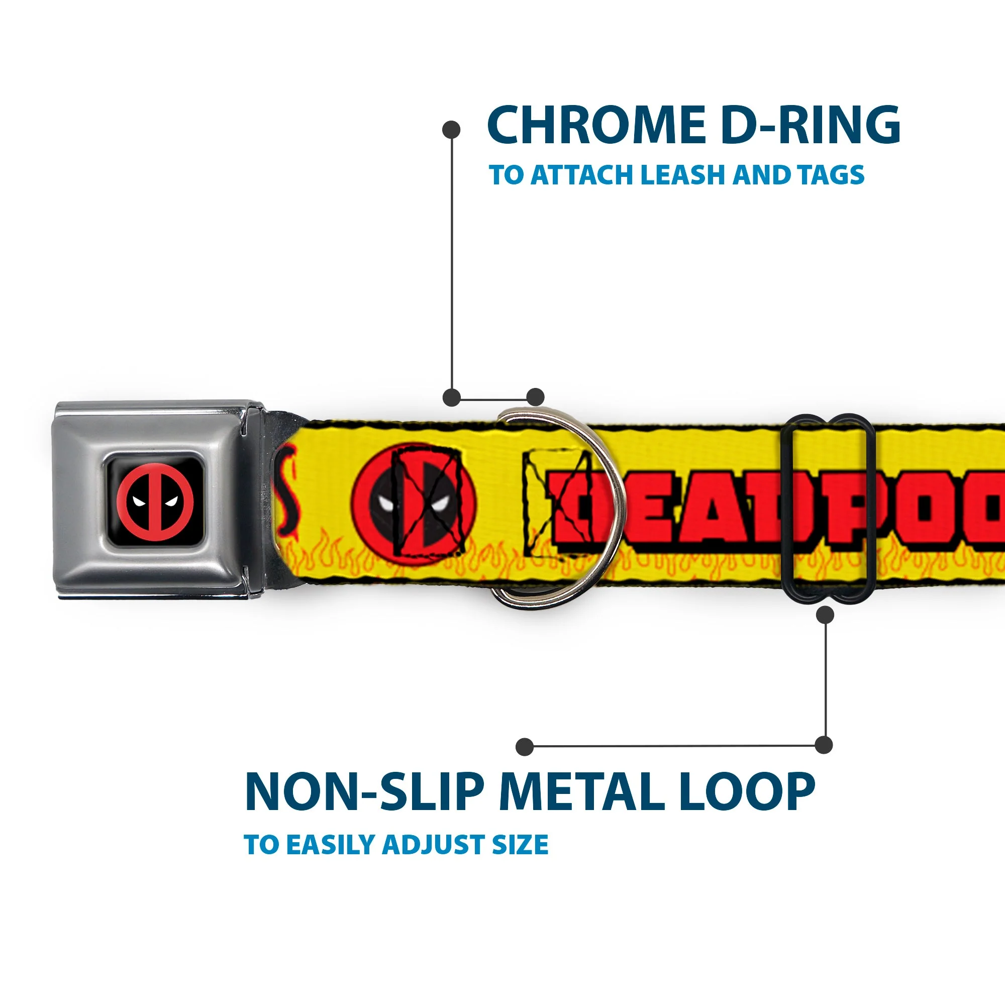 Deadpool Logo CLOSE-UP Full Color Black/Red/White Seatbelt Buckle Collar - DEADPOOLS CHIMICHANGAS Flames Yellow/Black/Red - Image 5