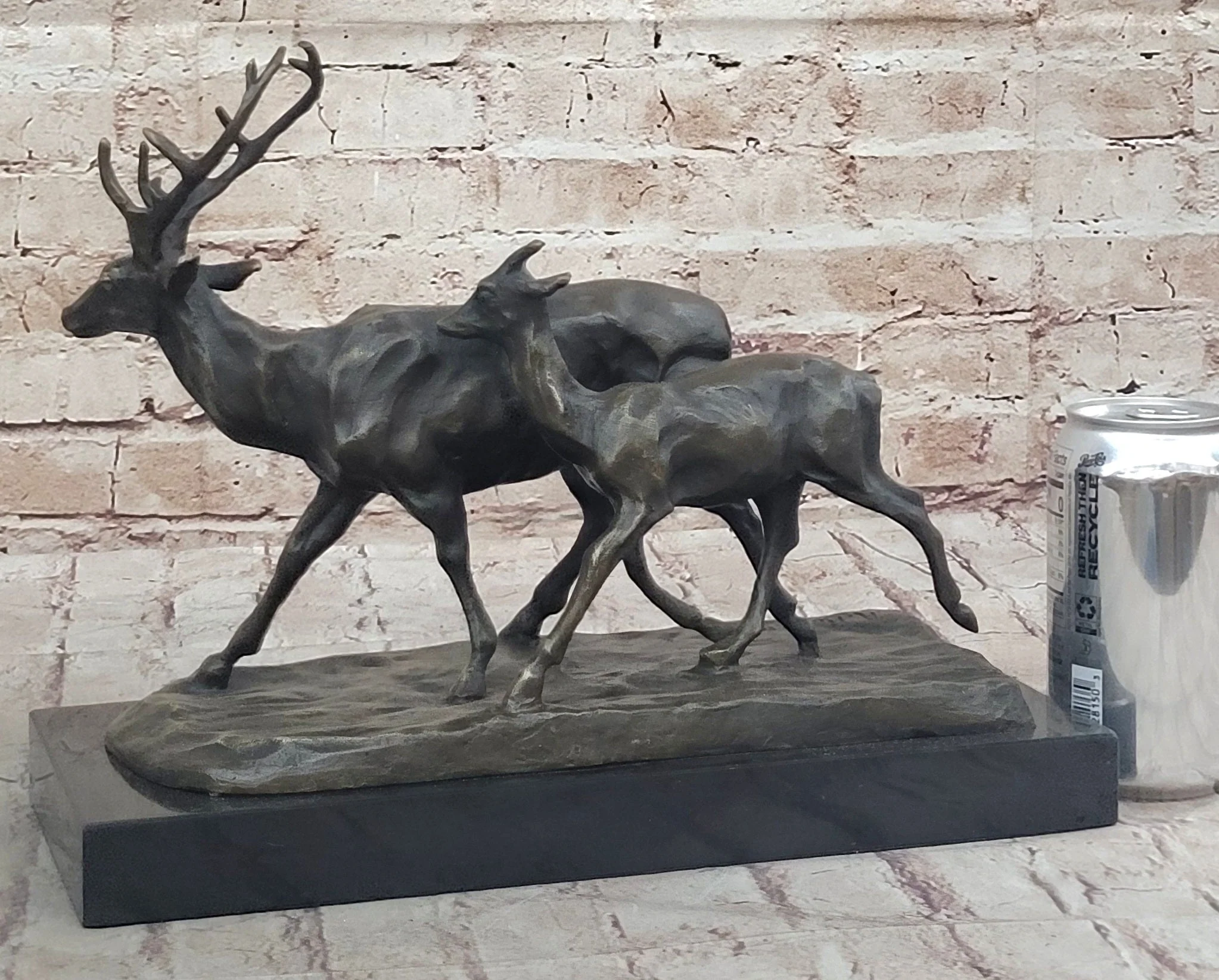 Deer Buck Elk and Doe Fawn Caribou Reindeer Bronze Statue Sculpture Marble Base 11" x 13" - Image 2