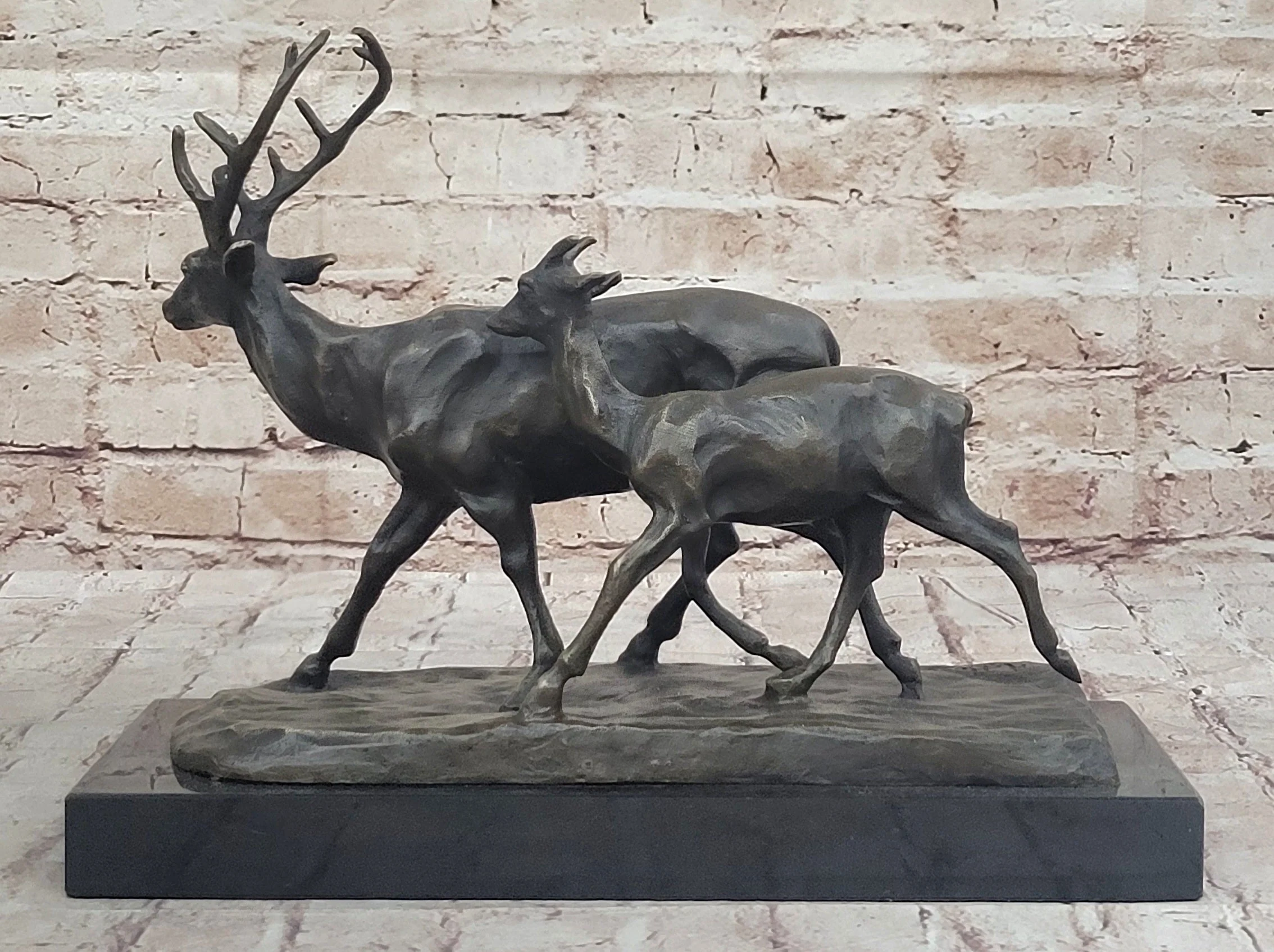 Deer Buck Elk and Doe Fawn Caribou Reindeer Bronze Statue Sculpture Marble Base 11" x 13" - Image 3