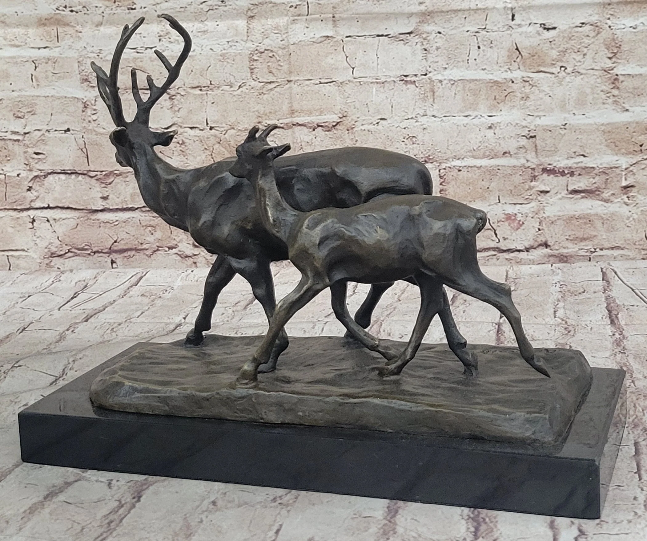 Deer Buck Elk and Doe Fawn Caribou Reindeer Bronze Statue Sculpture Marble Base 11" x 13" - Image 4