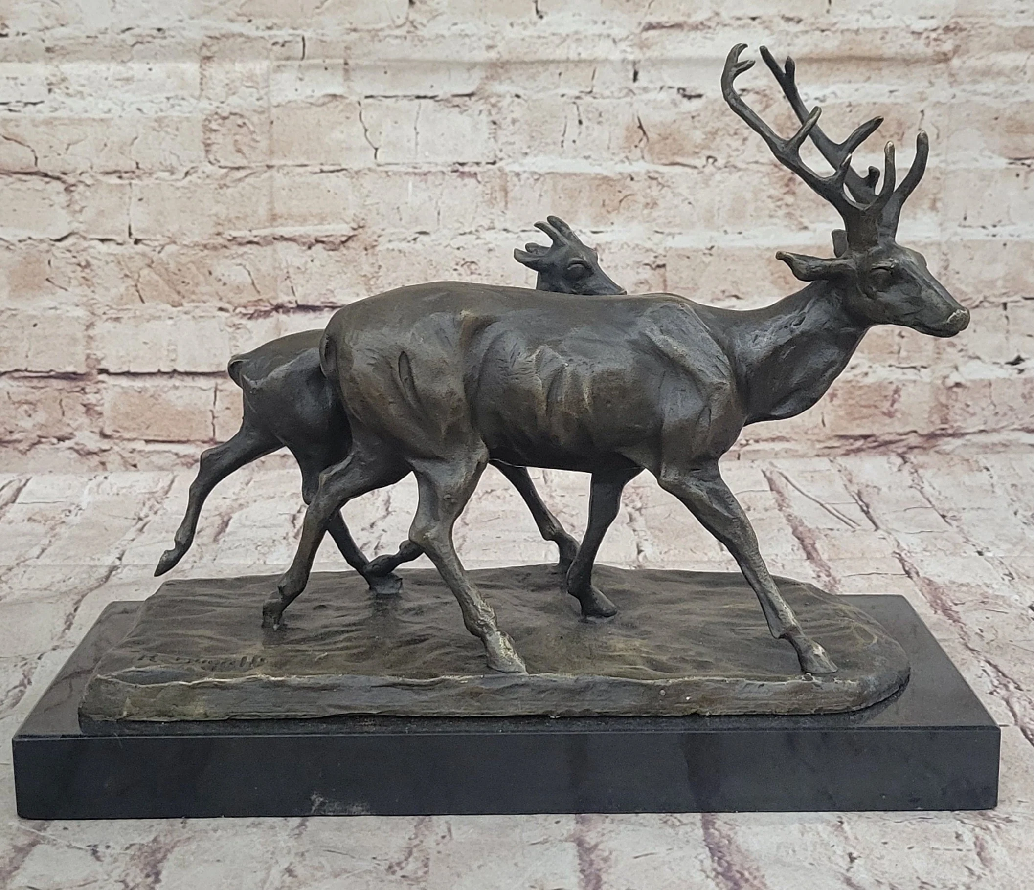 Deer Buck Elk and Doe Fawn Caribou Reindeer Bronze Statue Sculpture Marble Base 11" x 13" - Image 5