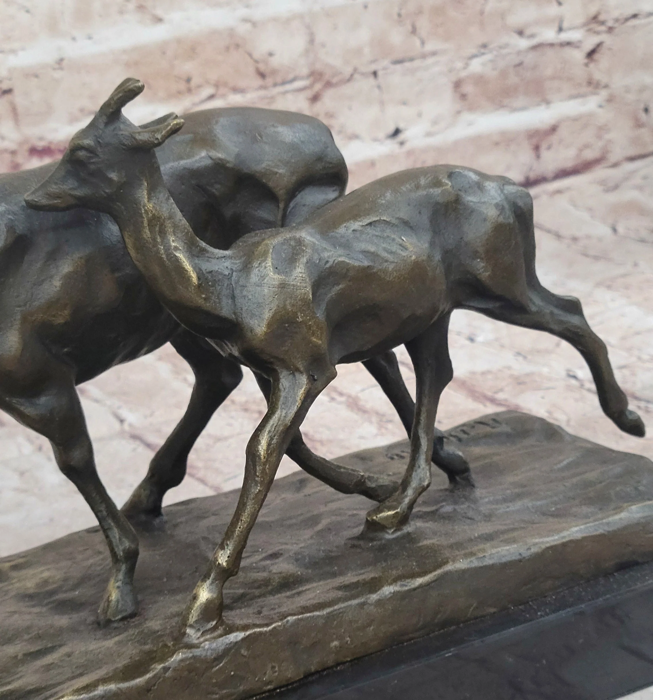 Deer Buck Elk and Doe Fawn Caribou Reindeer Bronze Statue Sculpture Marble Base 11" x 13" - Image 8
