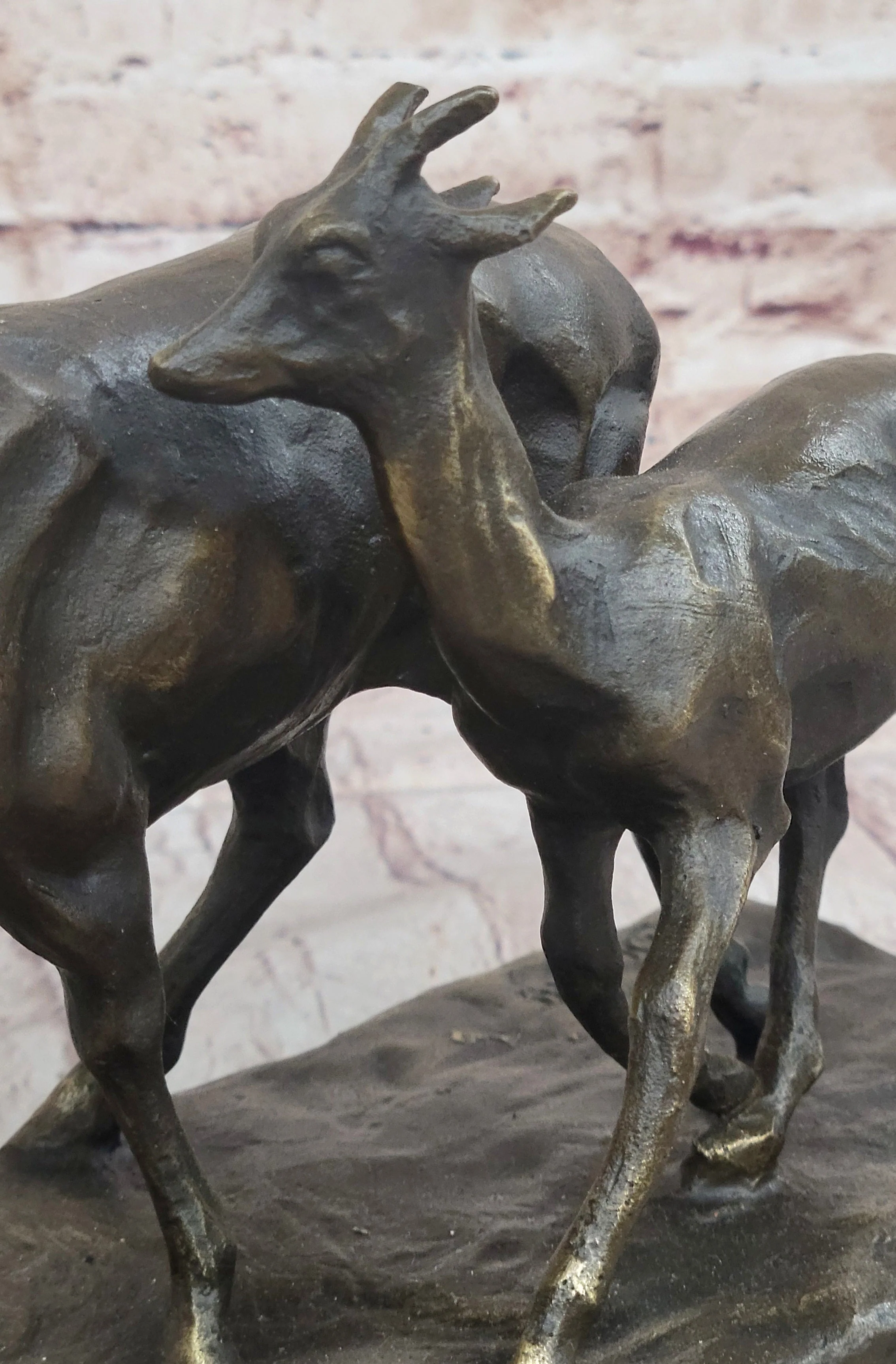 Deer Buck Elk and Doe Fawn Caribou Reindeer Bronze Statue Sculpture Marble Base 11" x 13" - Image 9