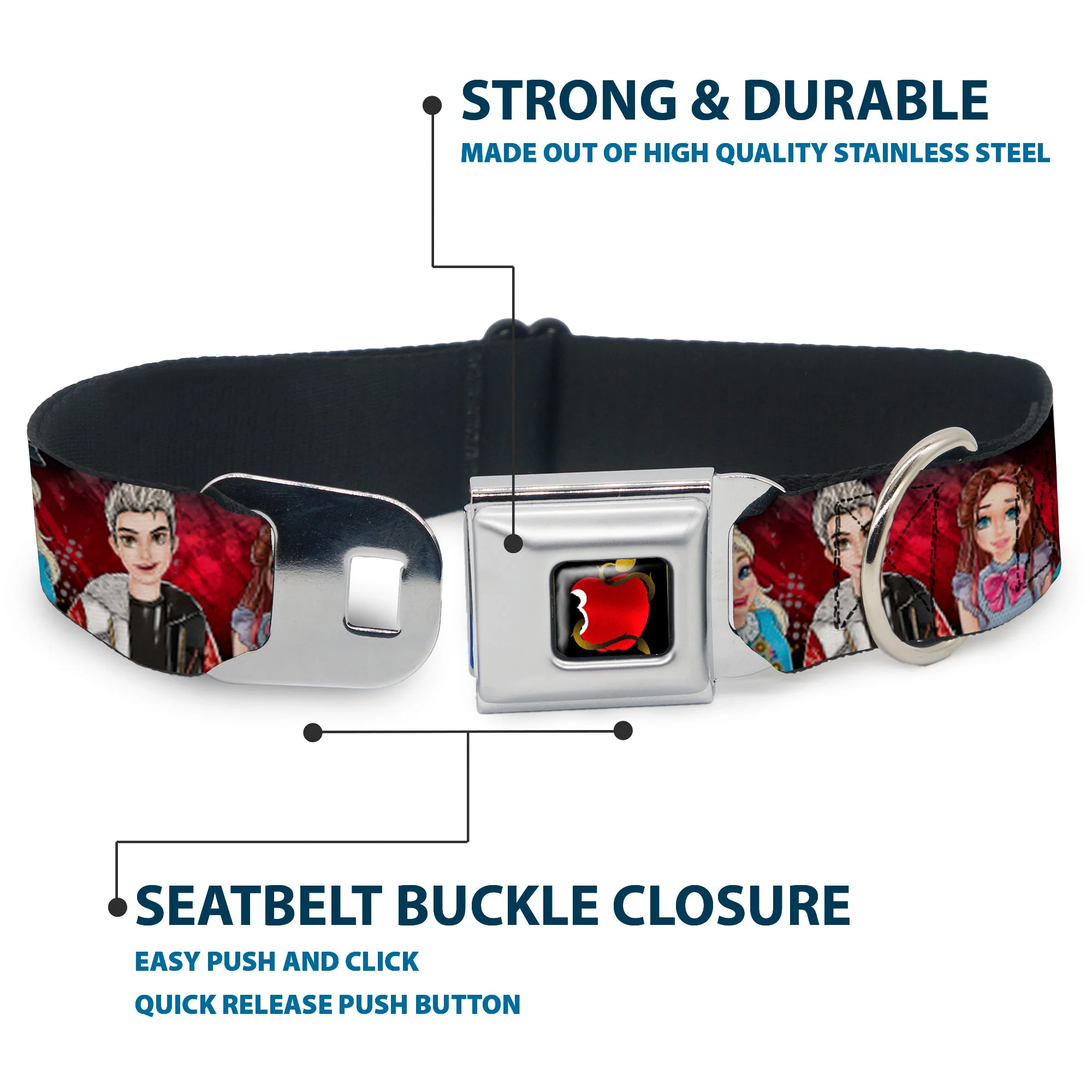 Descendants Apple Full Color Black/Red/Gold Seatbelt Buckle Collar - Descendants 11-Character Group Pose Reds/Gray - Image 4