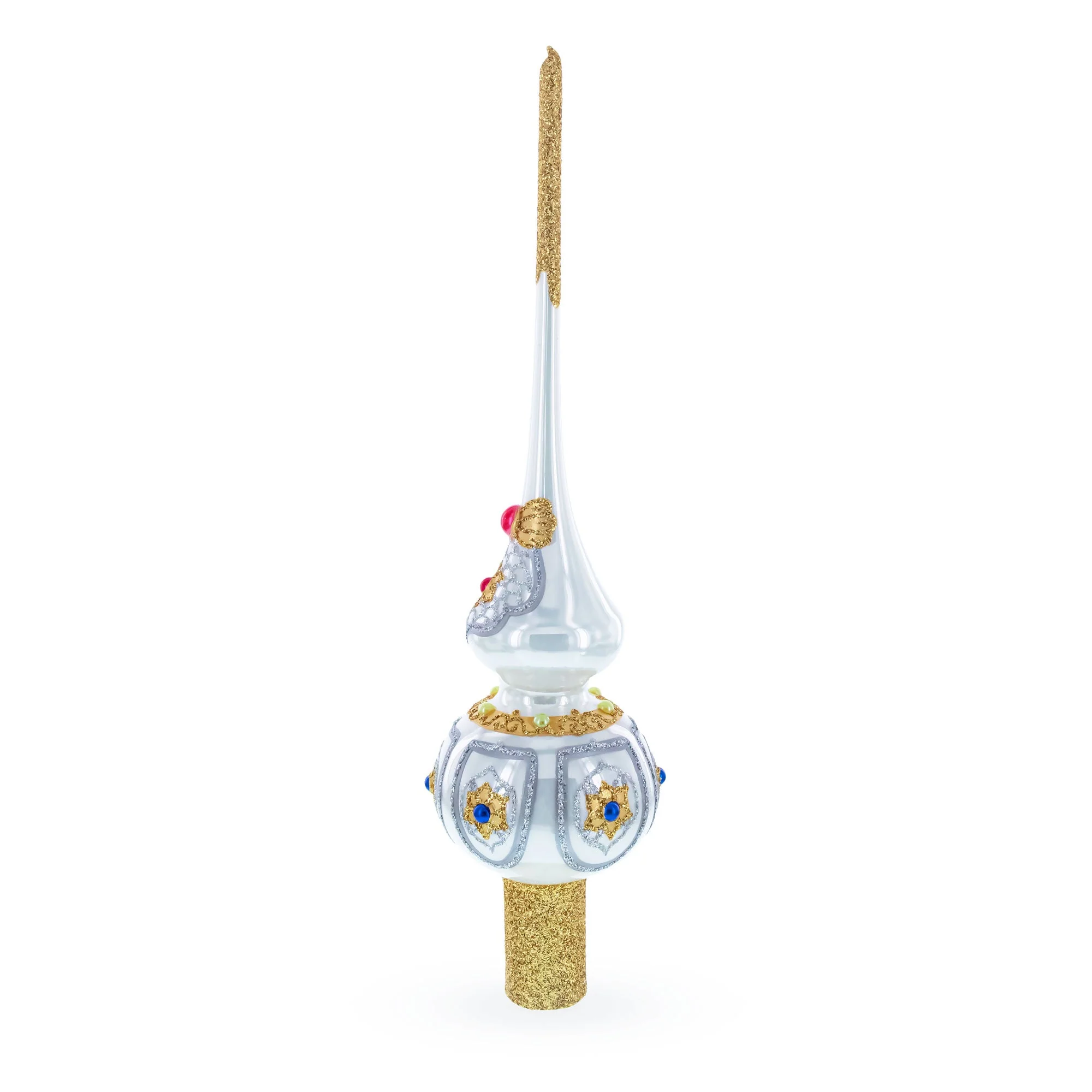 Dimensional Blue and Red Jewels on Silver Glass Christmas Tree Topper 11 Inches - Image 2