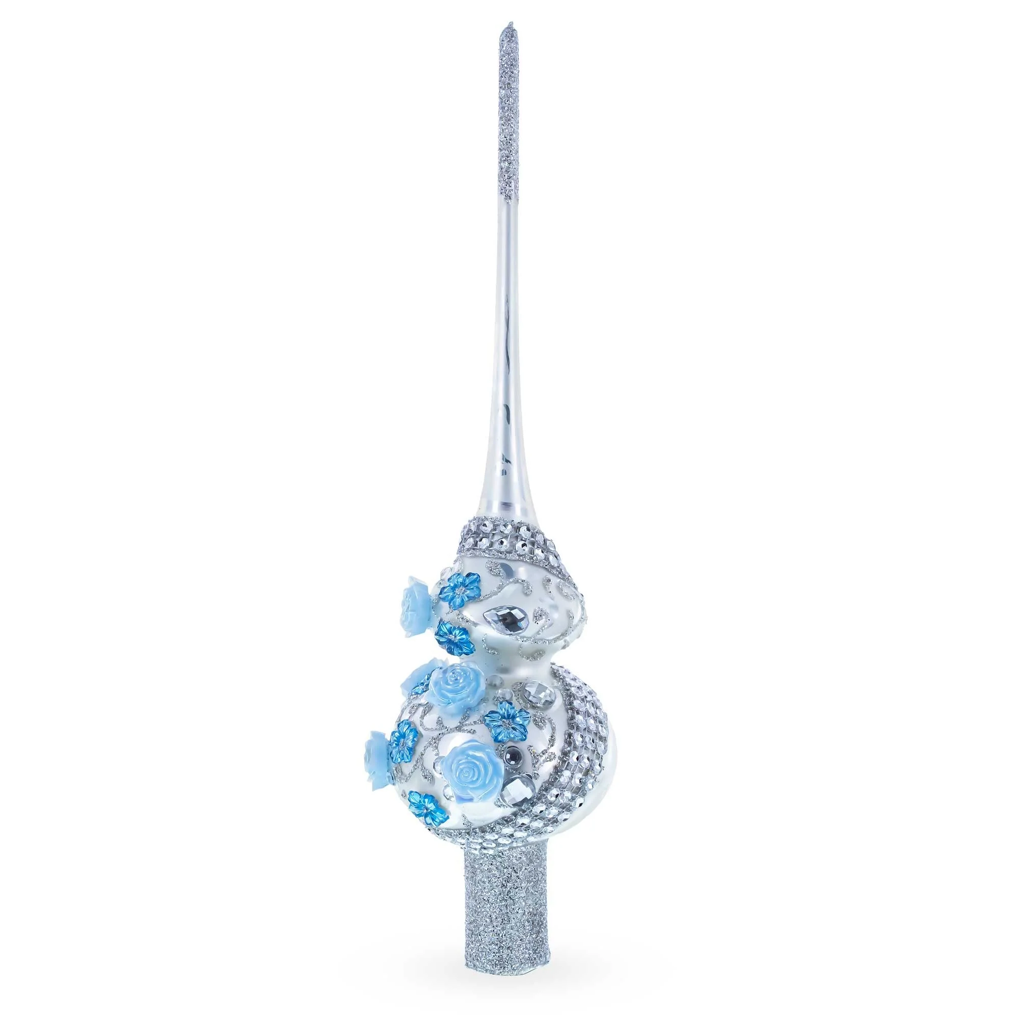 Dimensional Blue Roses and Flowers on Silver Glass Christmas Tree Topper 11 Inches - Image 2