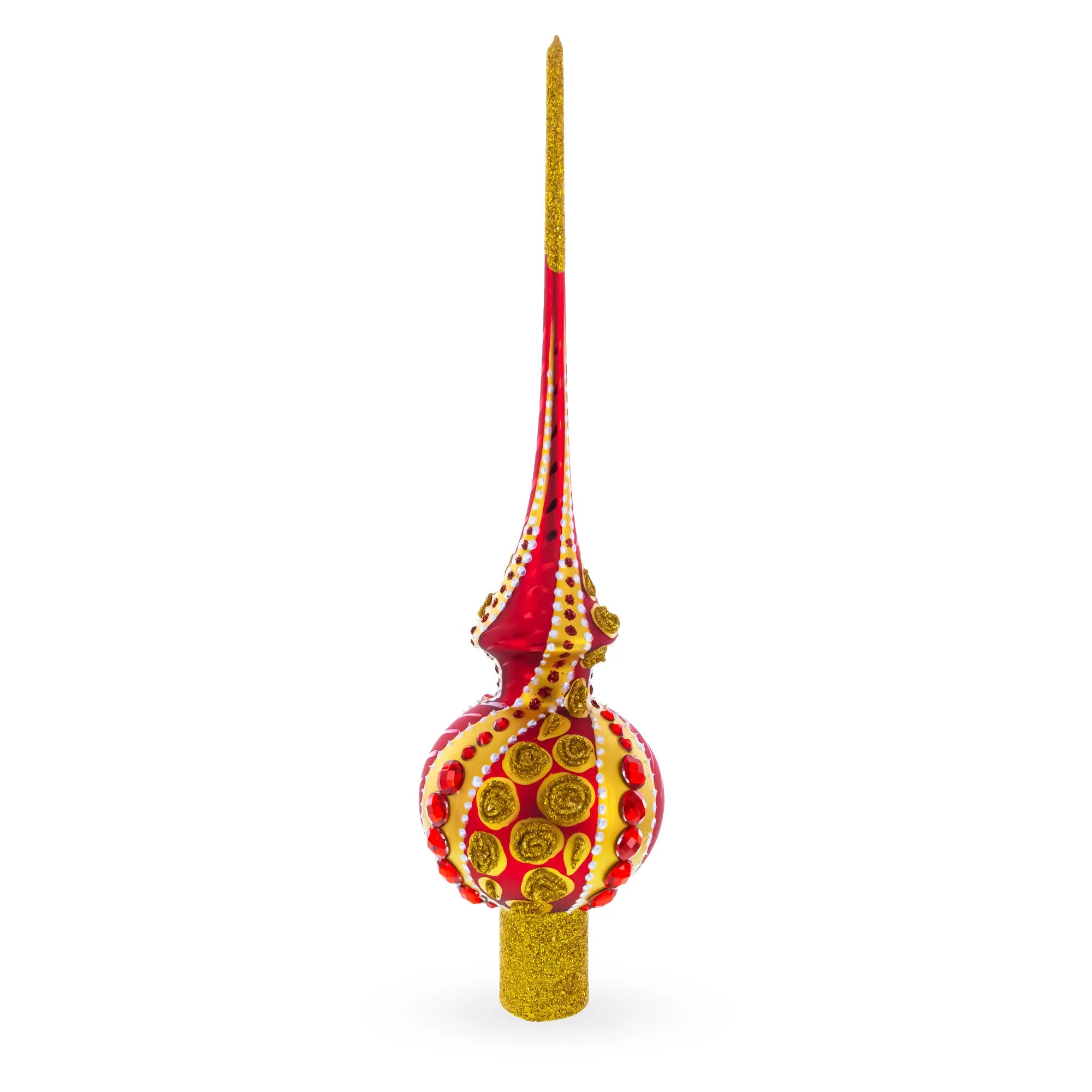 Dimensional Red Jewels on Golden Spirals Glass Christmas Tree Topper 11 Inches - Image 2