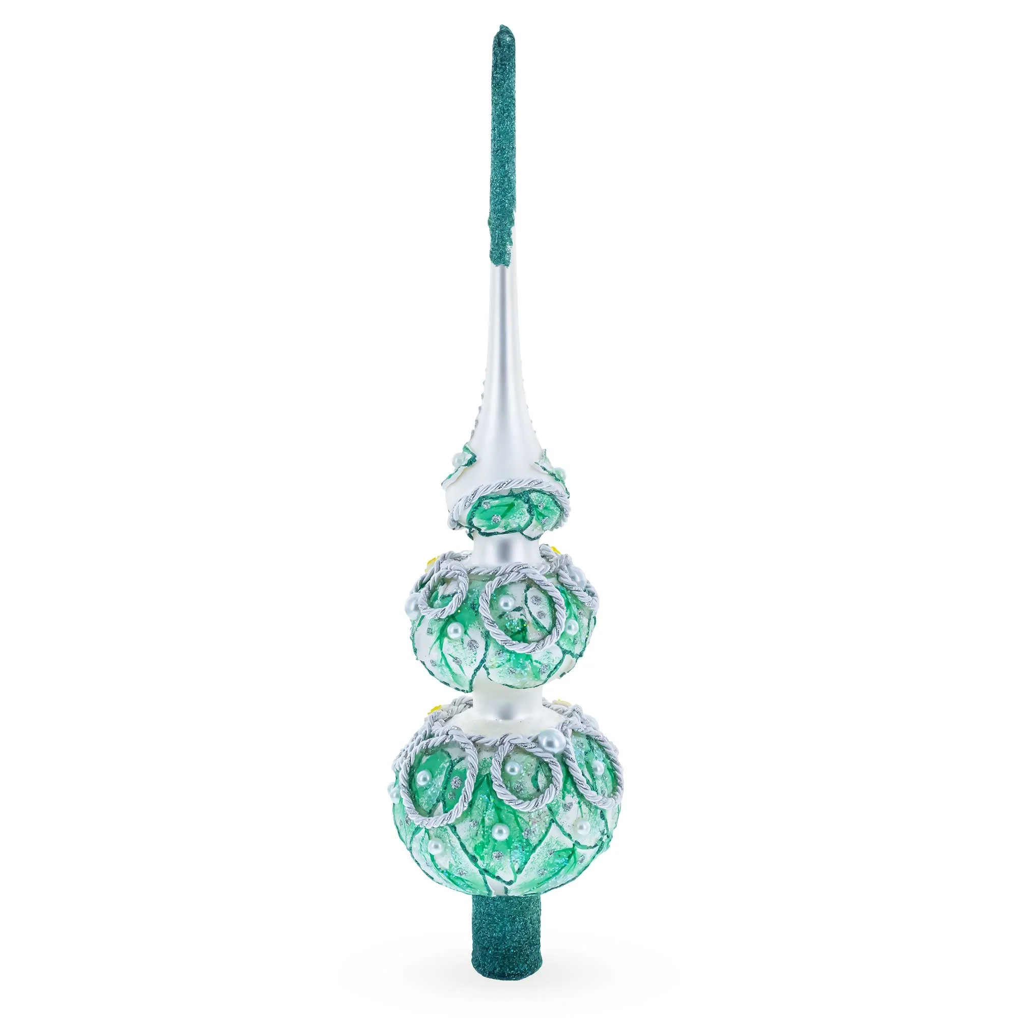Dimensional Rope and Leaves on White Glass Christmas Tree Topper 12.5 Inches - Image 3