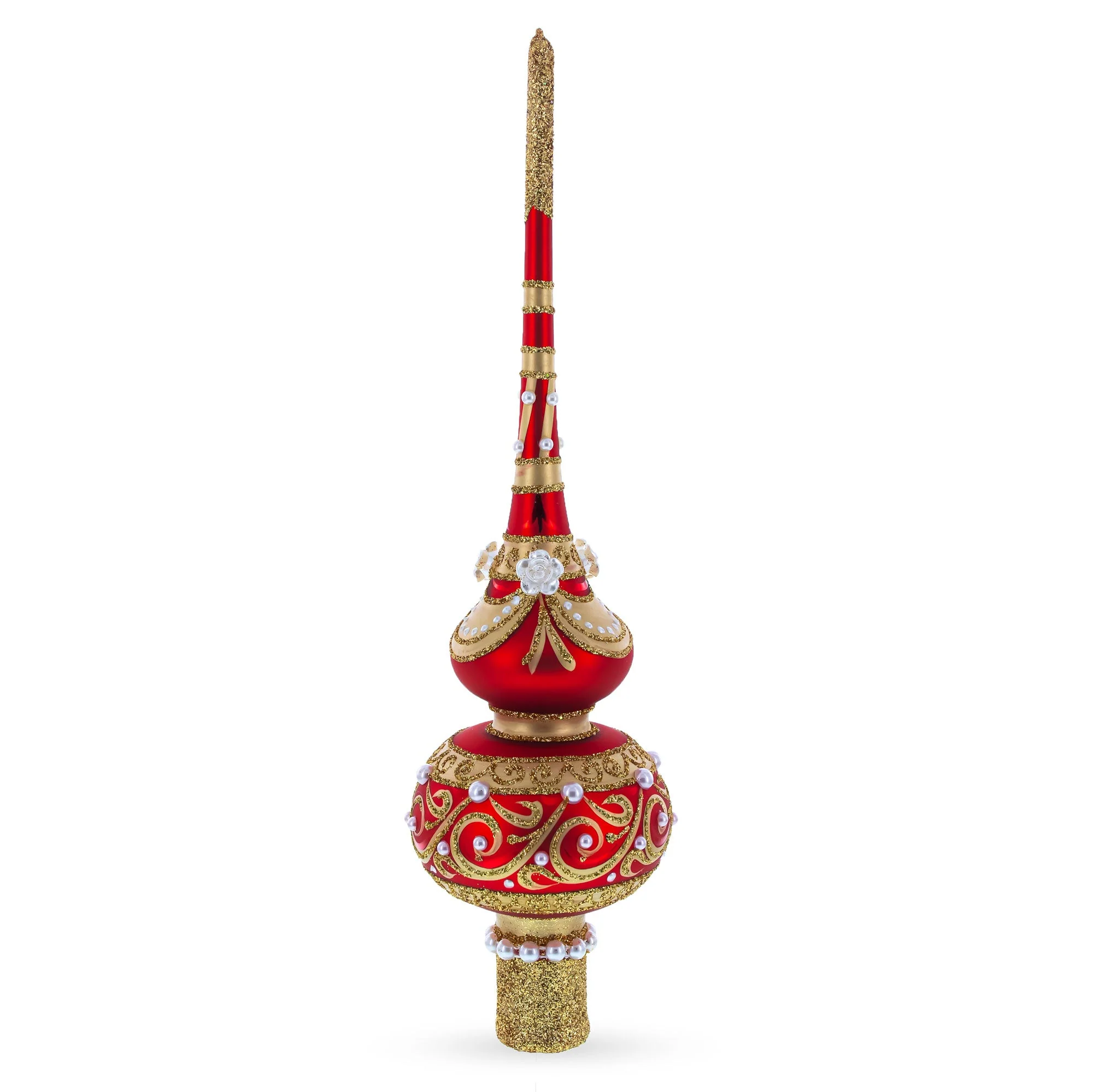 Dimensional Roses and Pearls on Golden ScrollGlass Christmas Tree Topper 11 Inches - Image 2
