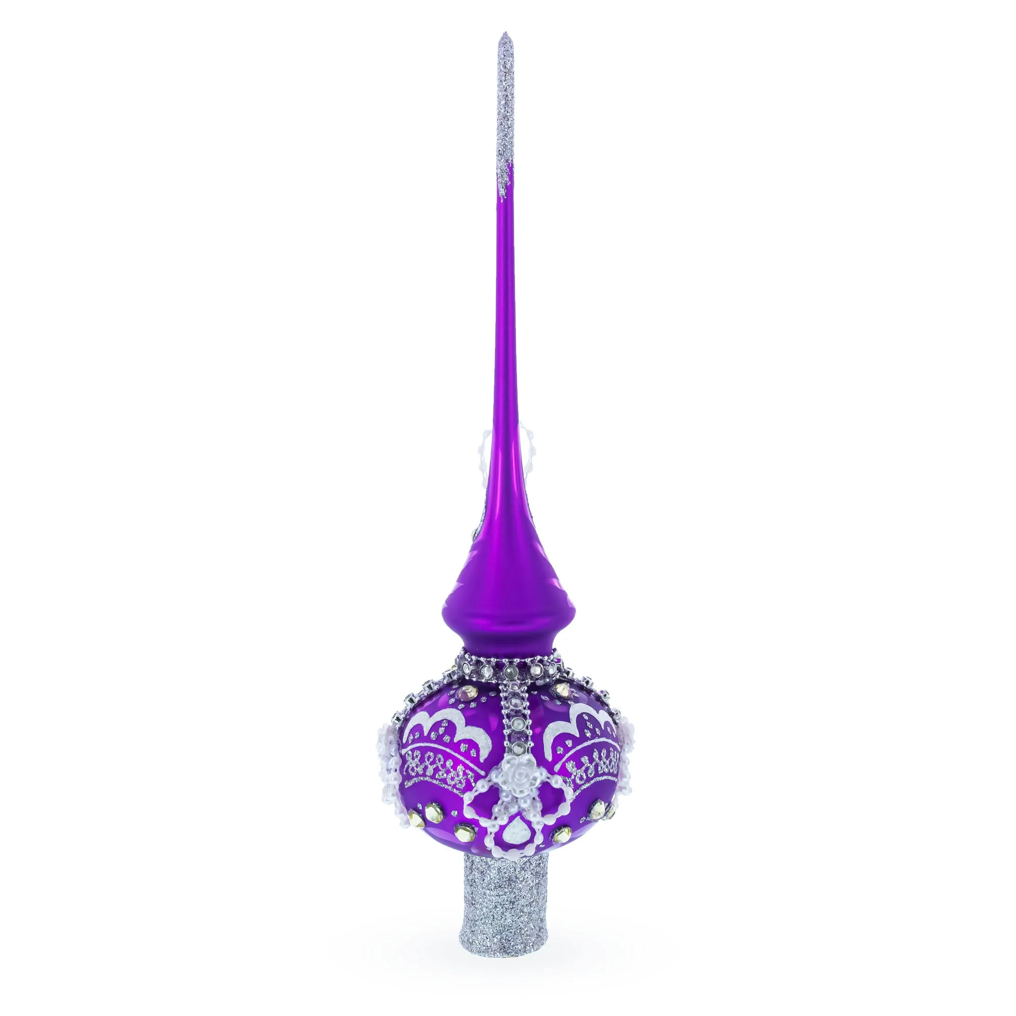 Dimensional White Roses on Purple Glass Christmas Tree Topper 11 Inches - Image 3