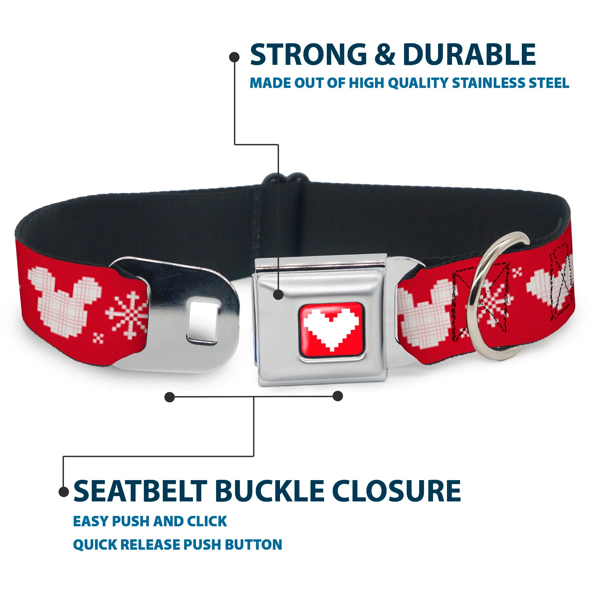 Disney Holiday Mickey Mouse Heart Sweater Stitch Full Color Red/White Seatbelt Buckle Collar - Disney Holiday Mickey Mouse Heart Sweater Stitch Red/White - Image 4