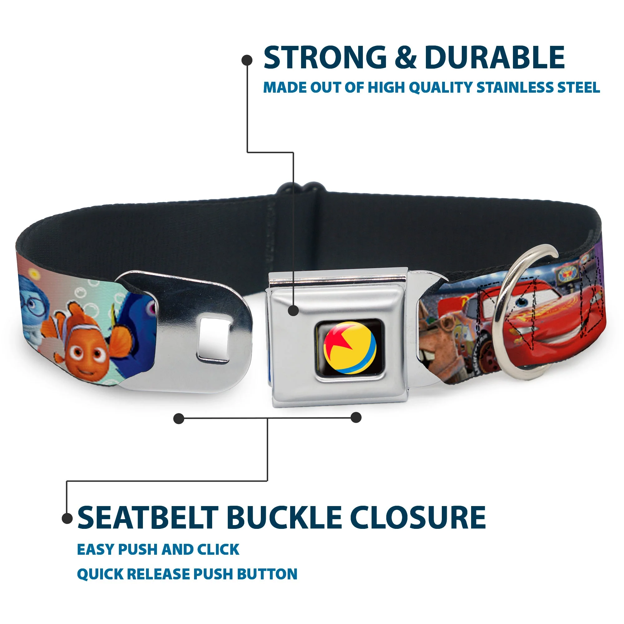 Disney Pixar Luxo Ball Full Color Black/Yellow/Blue/Red Seatbelt Buckle Collar - Disney Pixar 7-Movie Character Collage - Image 4