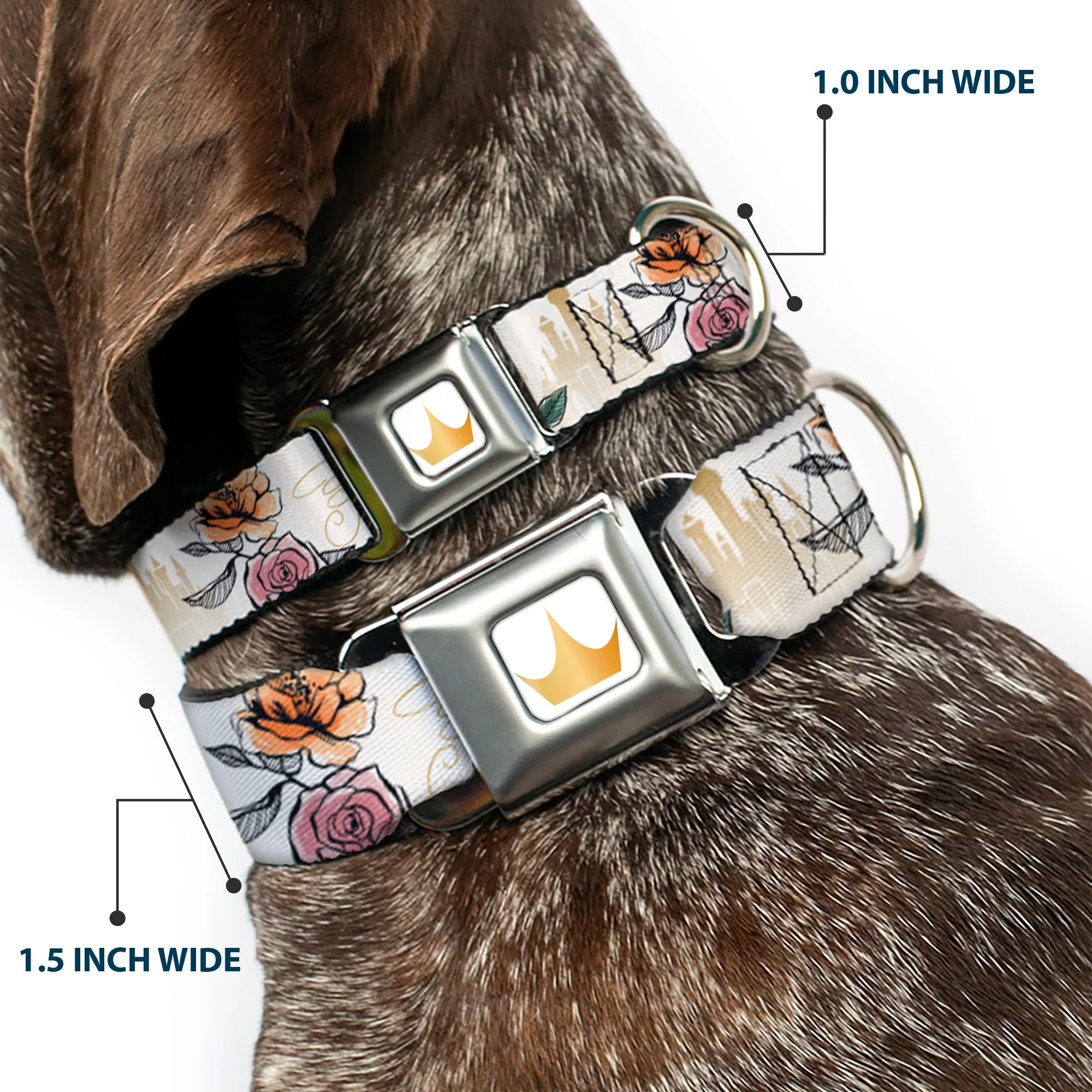 Disney Princess Crown Full Color Golds Seatbelt Buckle Collar - Beauty and the Beast Belle Castle Pose with Script and Flowers White/Yellows - Image 2