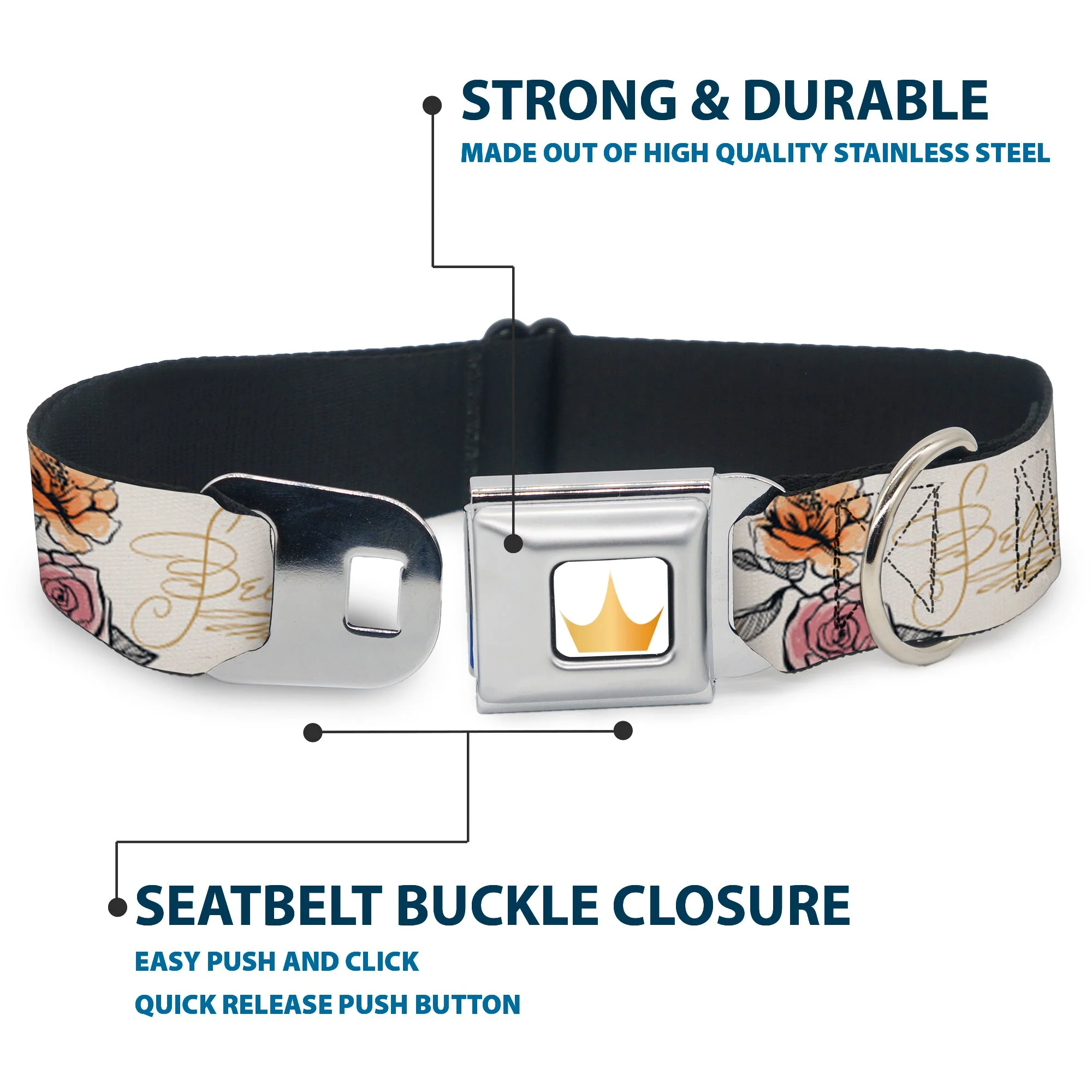 Disney Princess Crown Full Color Golds Seatbelt Buckle Collar - Beauty and the Beast Belle Castle Pose with Script and Flowers White/Yellows - Image 4