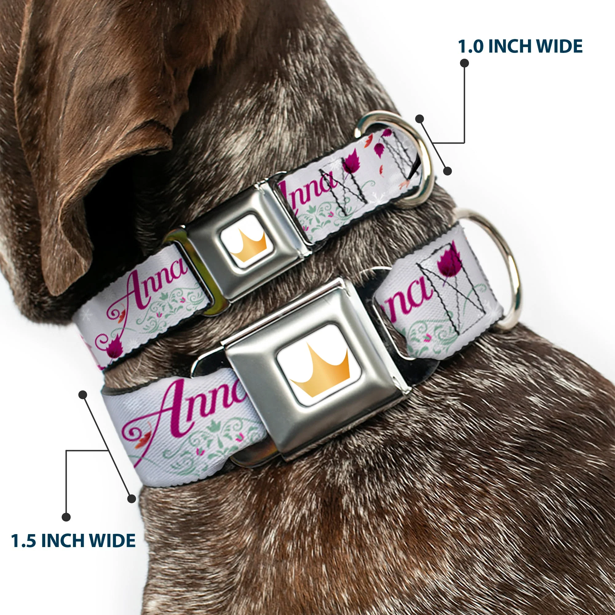Disney Princess Crown Full Color Golds Seatbelt Buckle Collar - Frozen Anna Castle Pose with Flowers and Script Grays/Pinks - Image 2