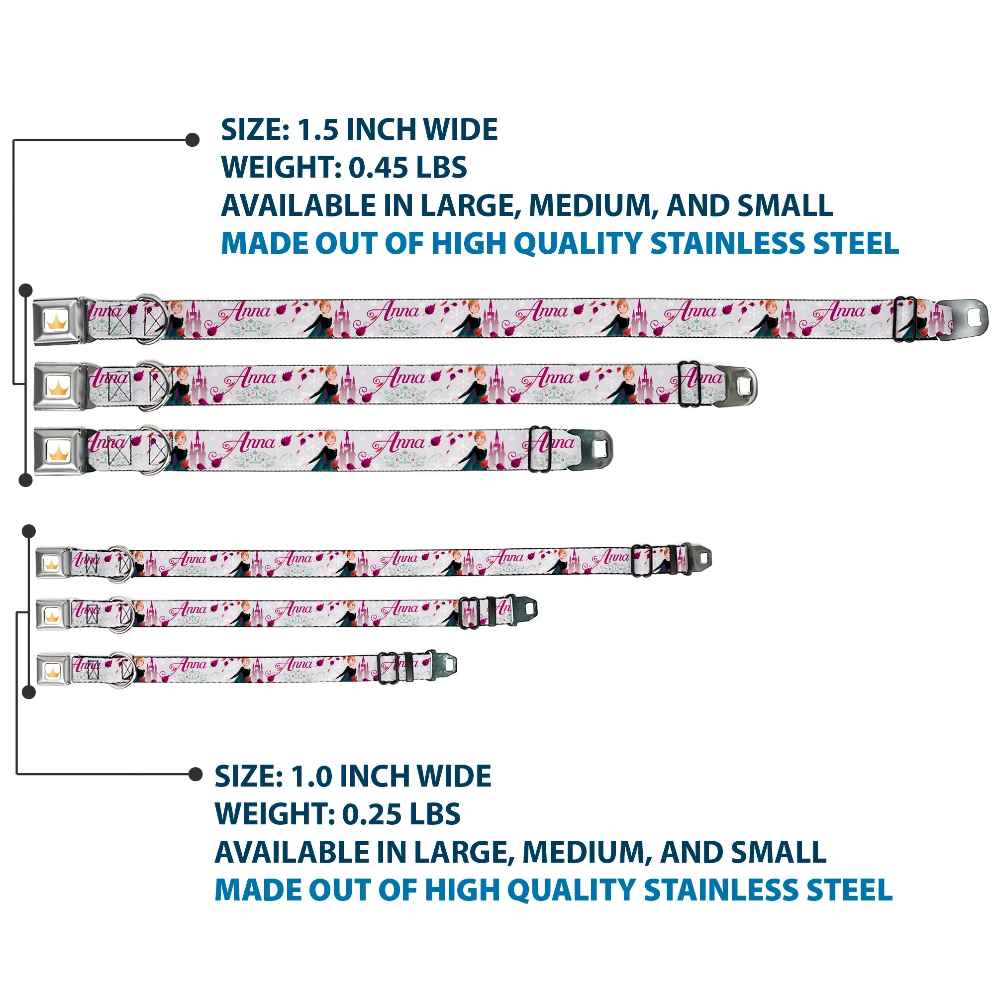 Disney Princess Crown Full Color Golds Seatbelt Buckle Collar - Frozen Anna Castle Pose with Flowers and Script Grays/Pinks - Image 3