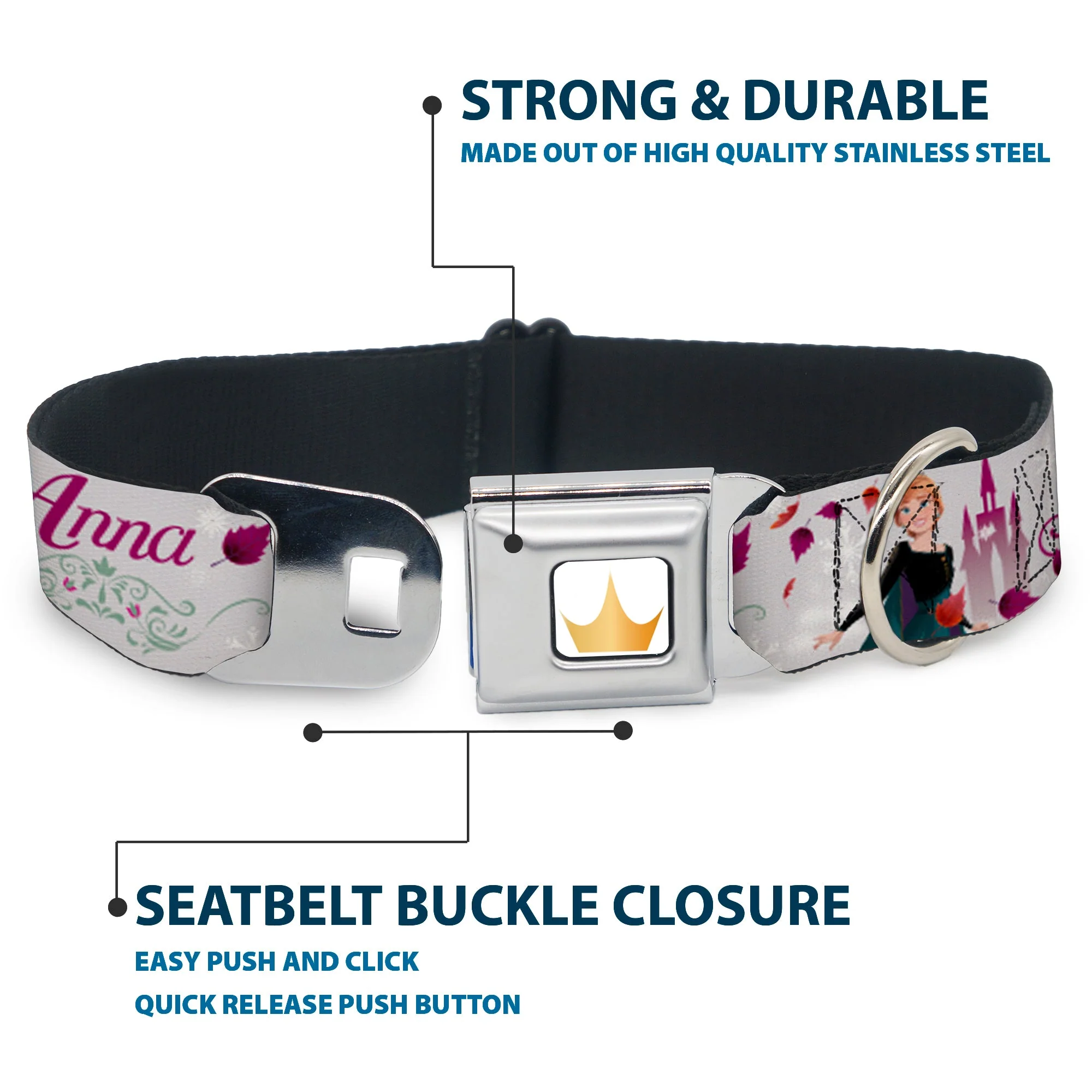 Disney Princess Crown Full Color Golds Seatbelt Buckle Collar - Frozen Anna Castle Pose with Flowers and Script Grays/Pinks - Image 4