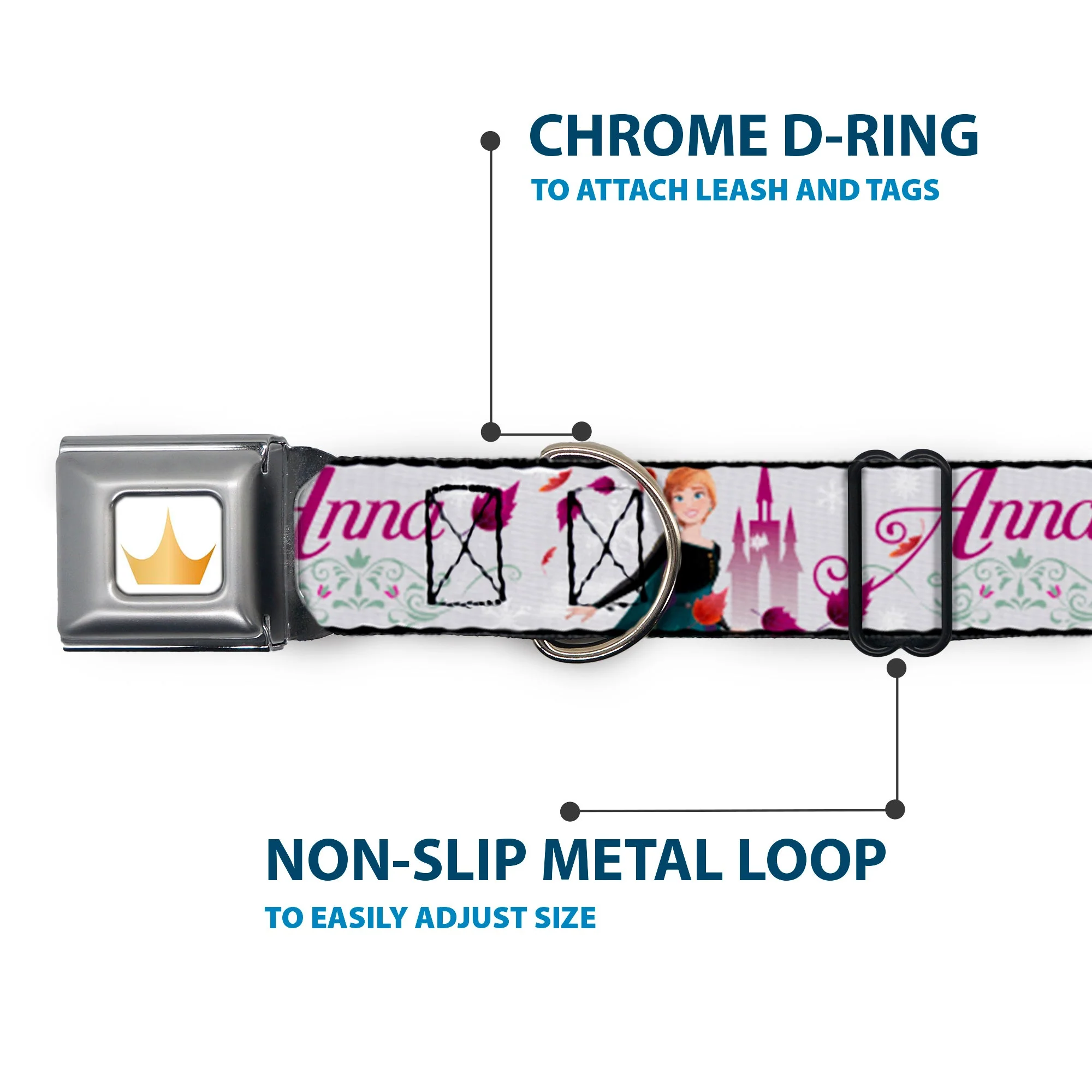 Disney Princess Crown Full Color Golds Seatbelt Buckle Collar - Frozen Anna Castle Pose with Flowers and Script Grays/Pinks - Image 5