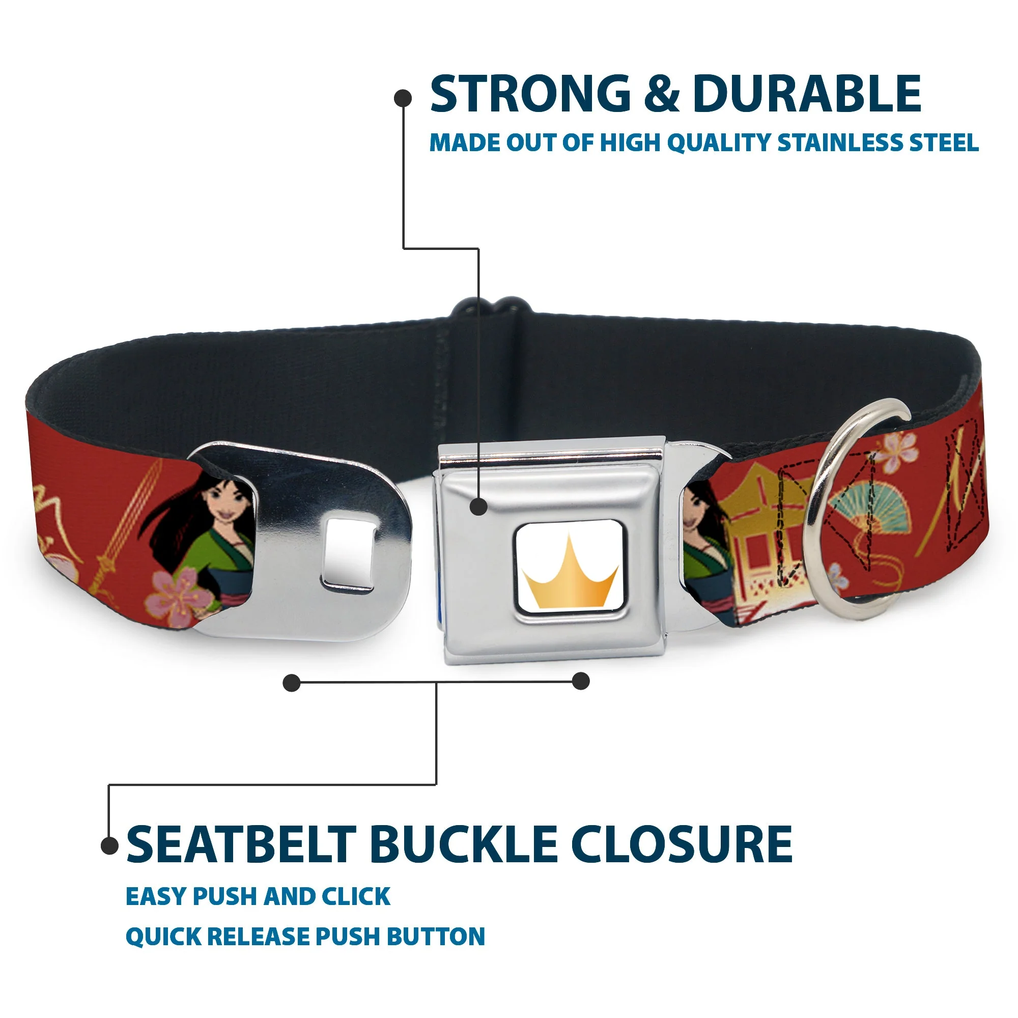 Disney Princess Crown Full Color Golds Seatbelt Buckle Collar - Mulan Gazebo Pose with Flowers and Script Red/Golds - Image 4