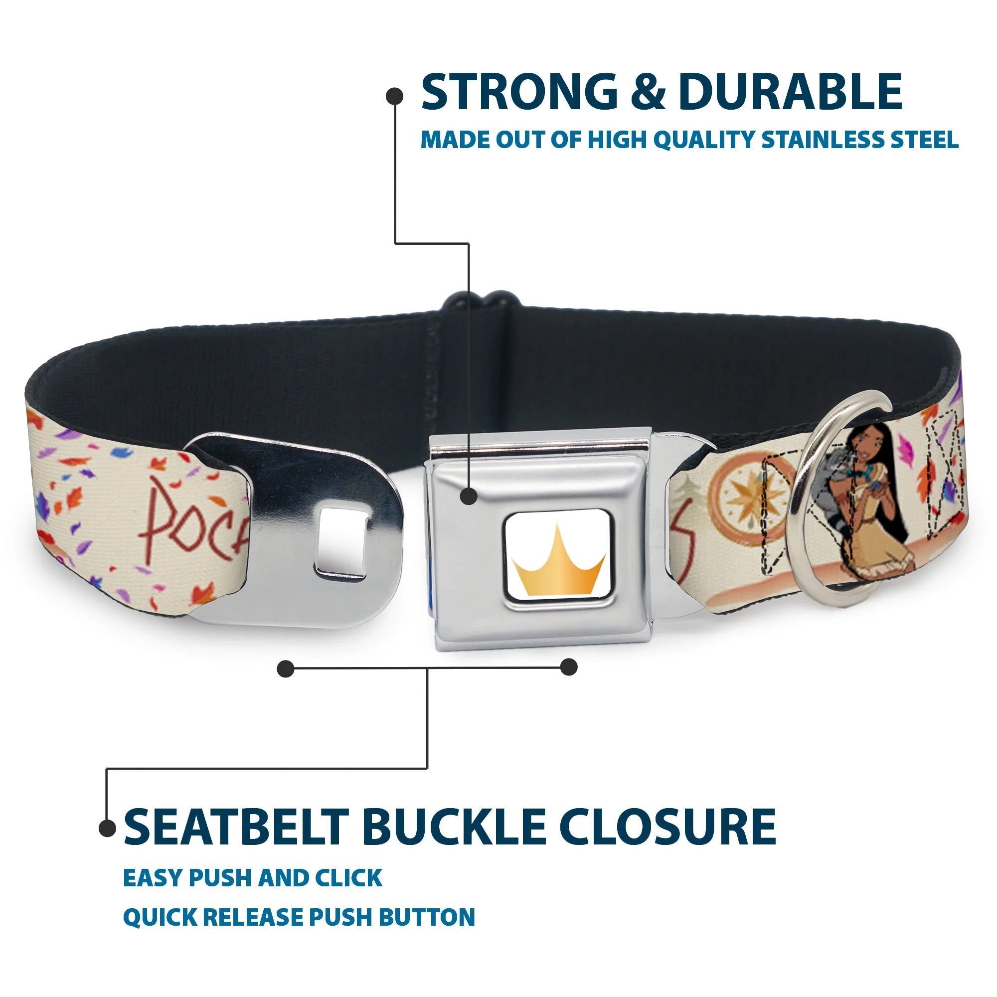 Disney Princess Crown Full Color Golds Seatbelt Buckle Collar - Pocahontas and Meeko Compass Pose with Script and Leaves Beige - Image 4