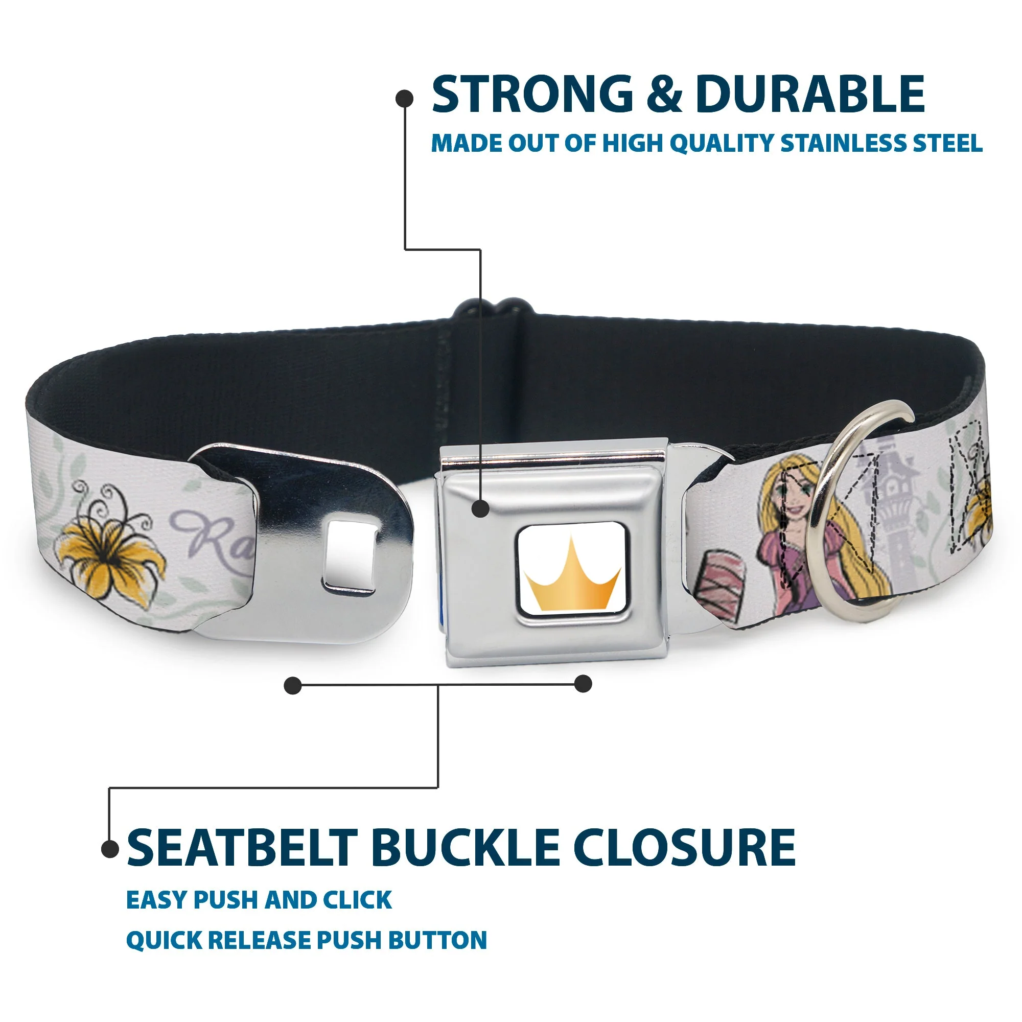 Disney Princess Crown Full Color Golds Seatbelt Buckle Collar - Rapunzel Castle and Pascual Pose with Script and Flowers White/Purples - Image 4