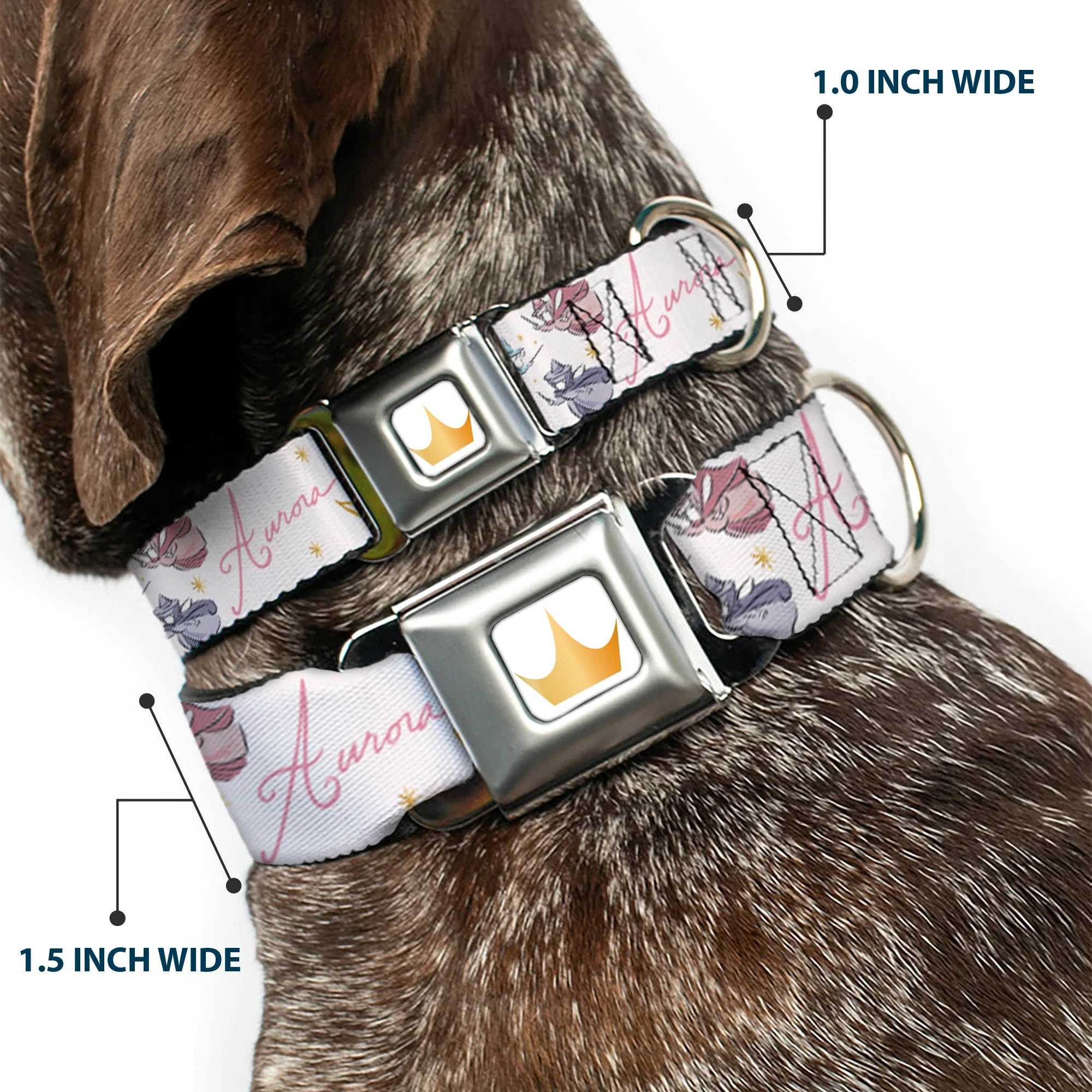 Disney Princess Crown Full Color Golds Seatbelt Buckle Collar - Sleeping Beauty Aurora Castle and Fairy Godmothers Pose with Script and Flowers White/Pinks - Image 2