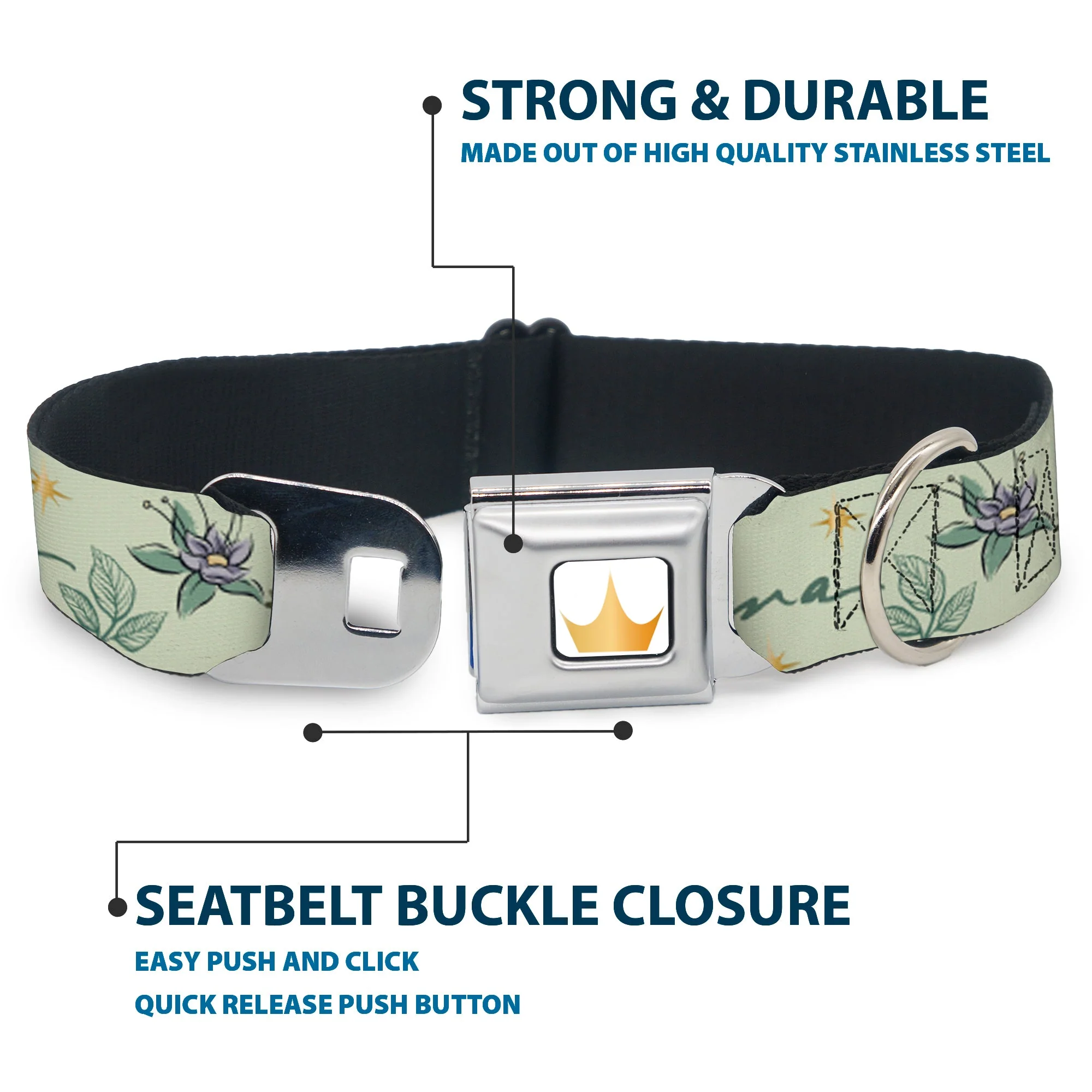 Disney Princess Crown Full Color Golds Seatbelt Buckle Collar - The Princess and the Frog Tiana Palace Pose with Script and Flowers Greens - Image 4