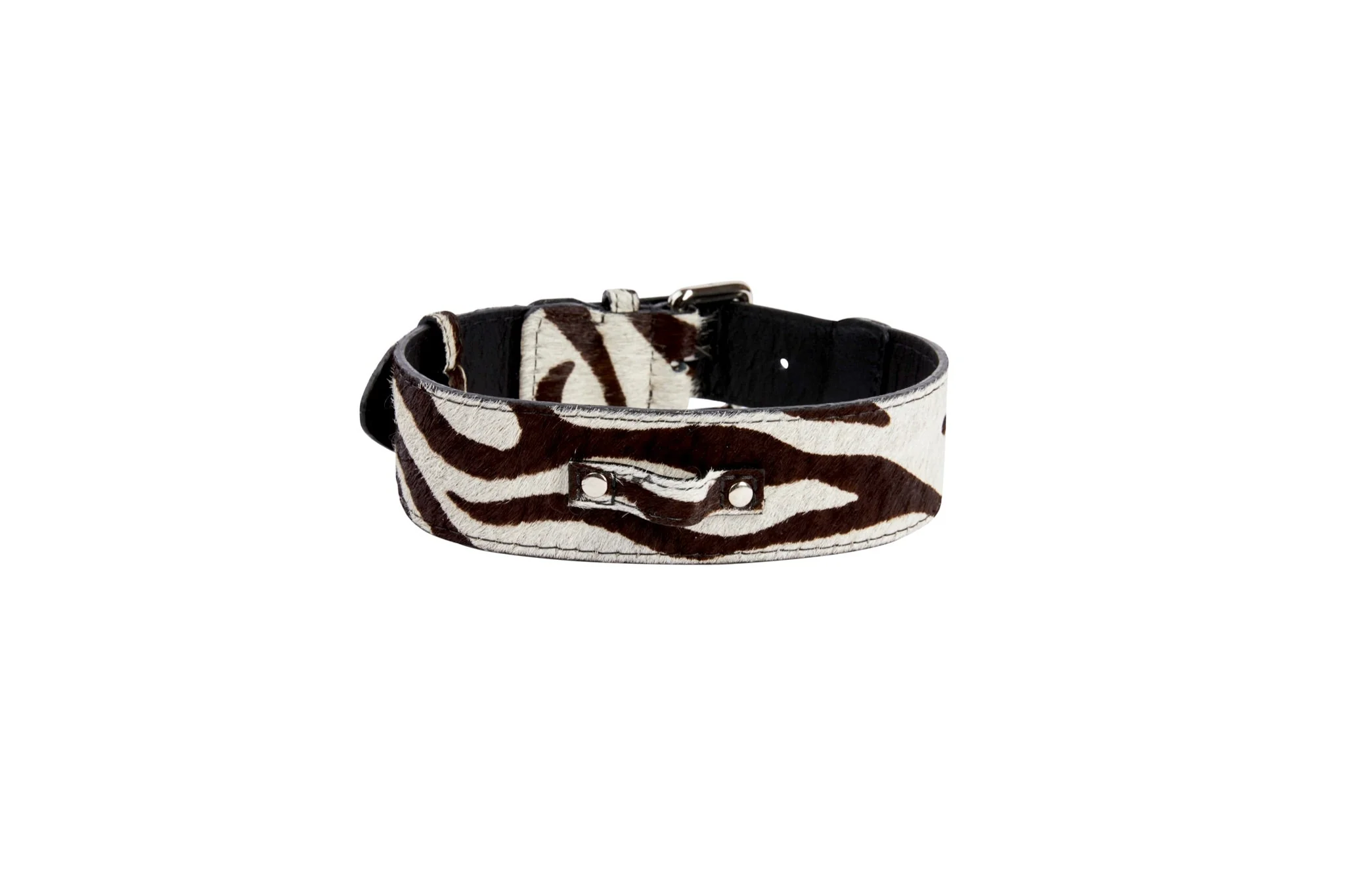 Distressed Brown & White Zebra Print Hair On Hide Classic Collar with Silver Classic Hardware - Image 2