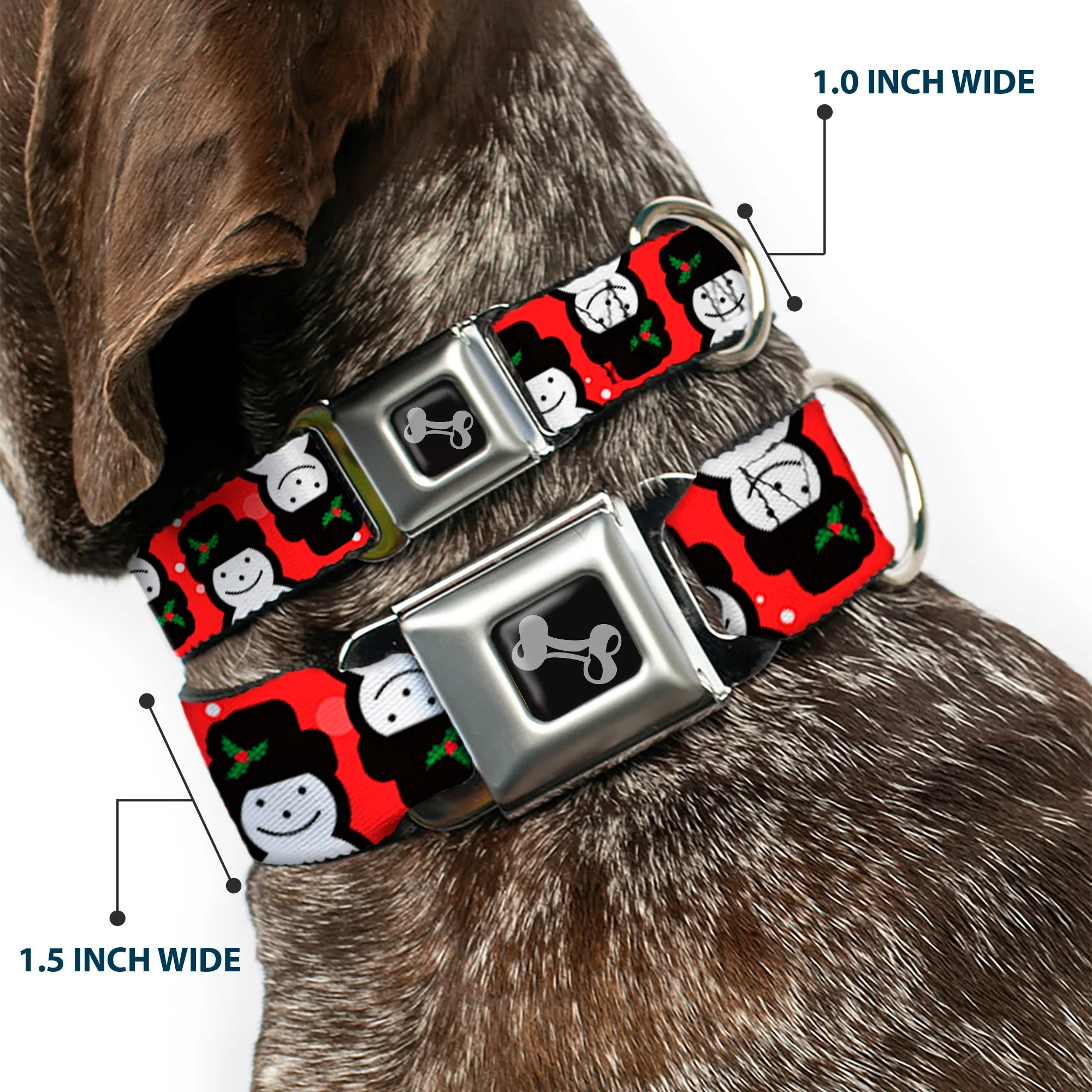 Dog Bone Black/Silver Seatbelt Buckle Collar - Christmas Snowman Flip Red/White - Image 2