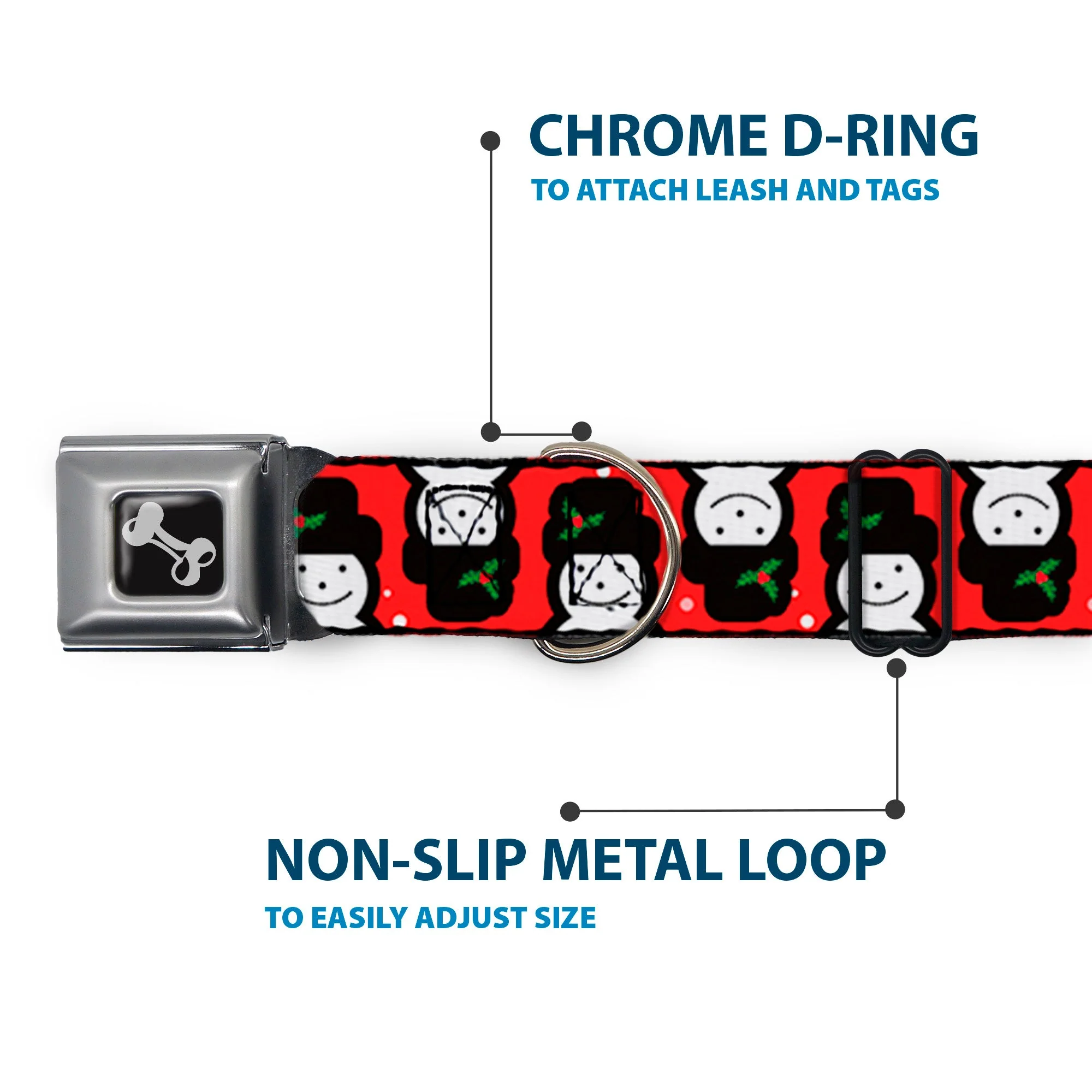 Dog Bone Black/Silver Seatbelt Buckle Collar - Christmas Snowman Flip Red/White - Image 5